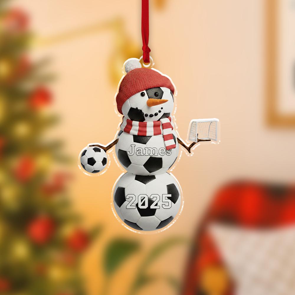 Personalized Acrylic Soccer Snowman Ornament – Name & Year – Sports Tree Decoration