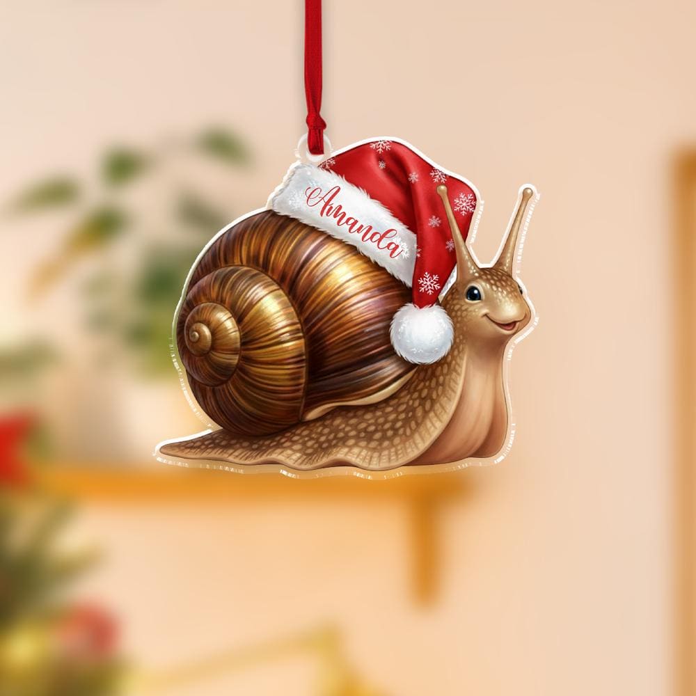 Personalized Acrylic Snail Ornament – Santa Hat Design, Name Option – Holiday Tree Decoration