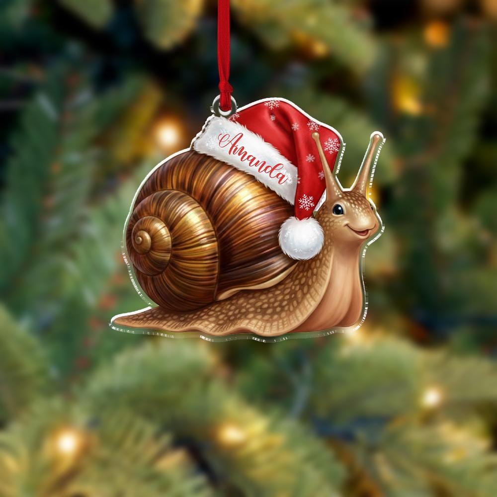 Personalized Acrylic Snail Ornament – Santa Hat Design, Name Option – Holiday Tree Decoration