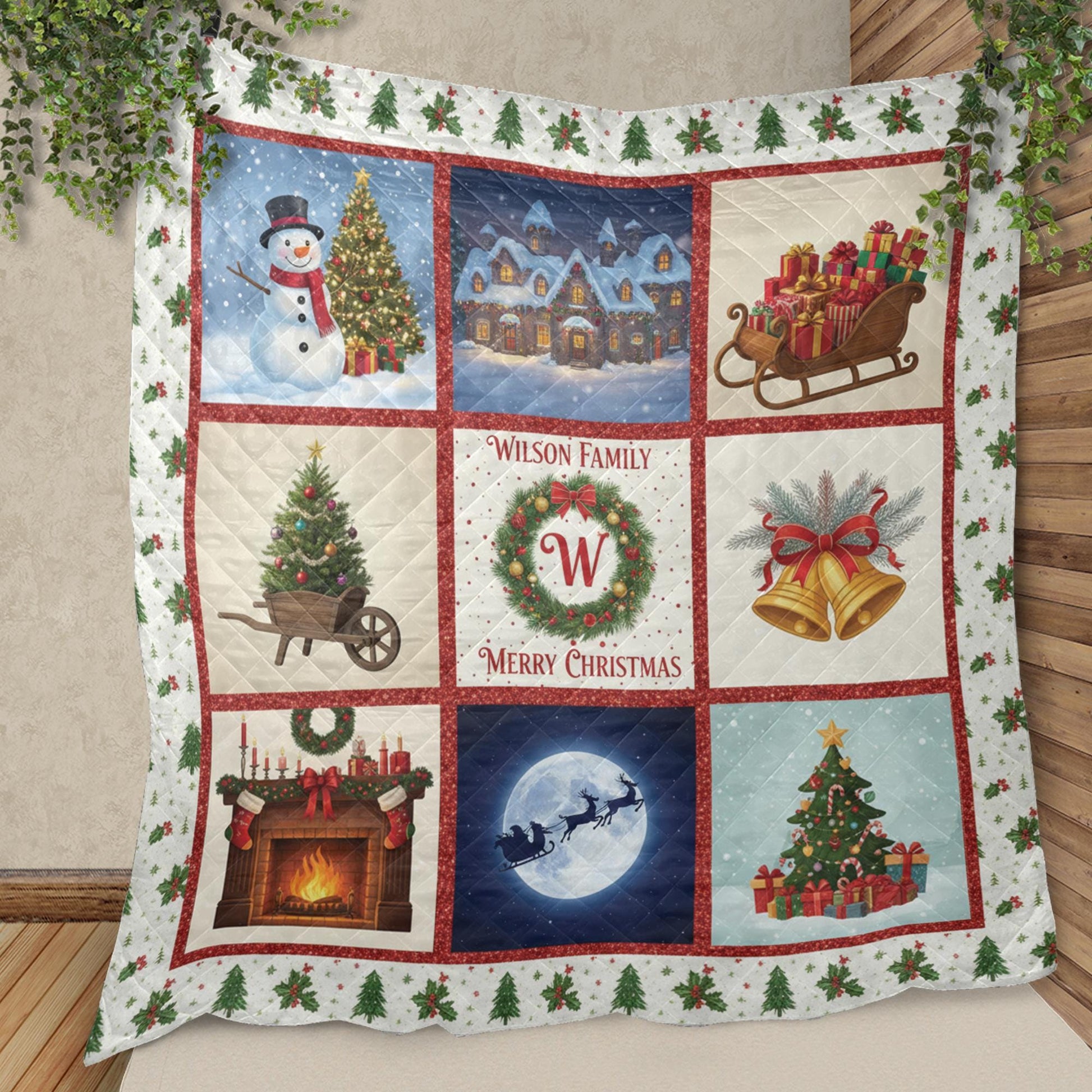 Personalized Christmas Quilt Blanket, Holiday Throw with Family Name and Festive Winter Design
