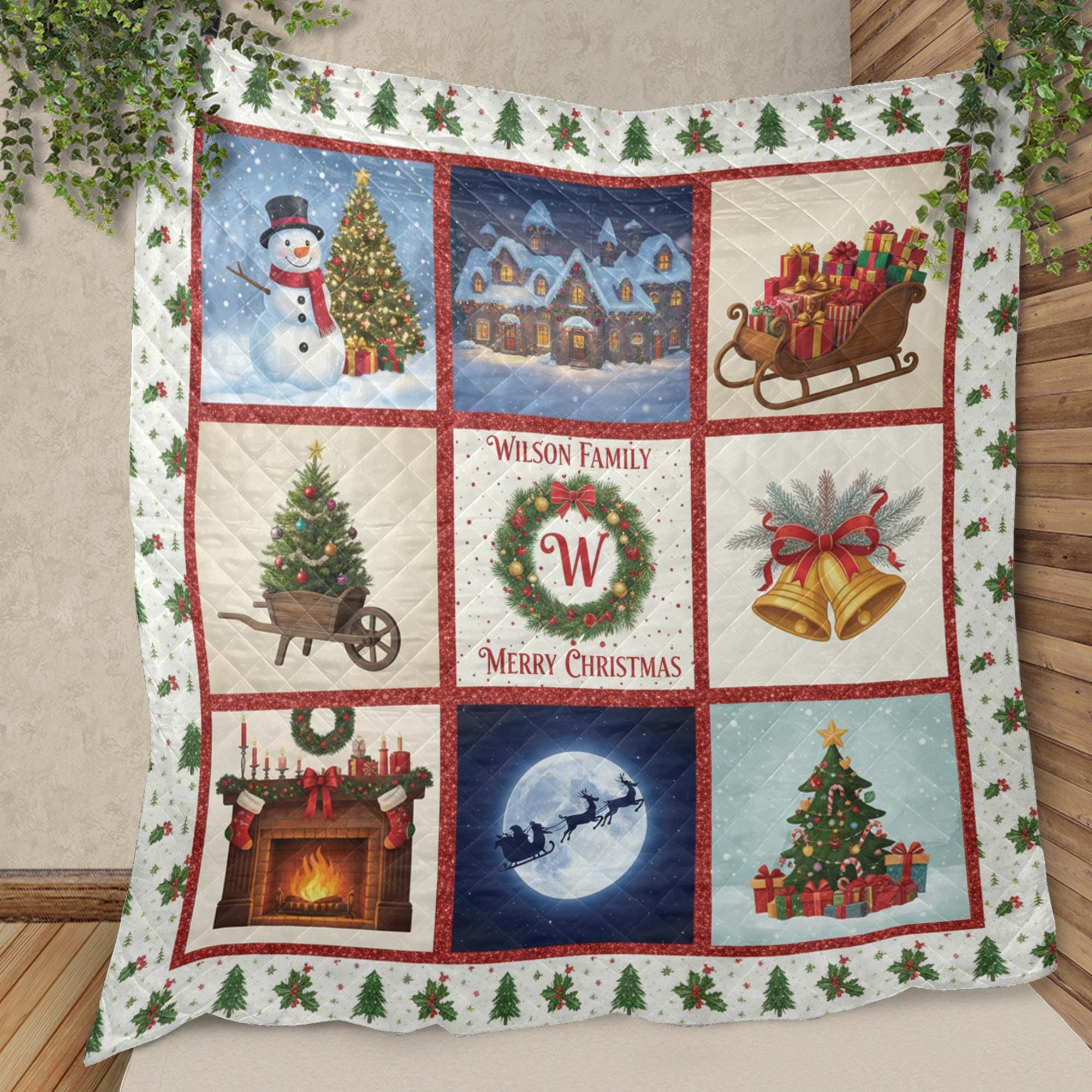 Personalized Christmas Quilt Blanket, Holiday Throw with Family Name and Festive Winter Design