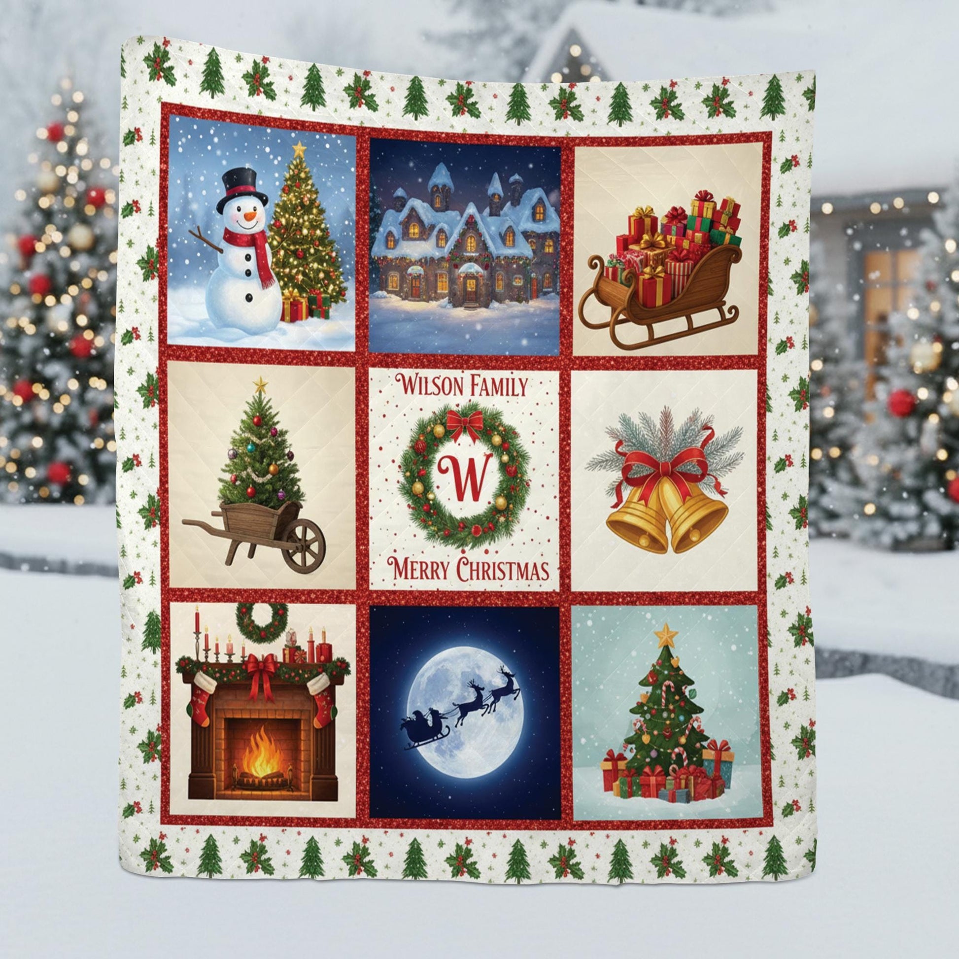 Personalized Christmas Quilt Blanket, Holiday Throw with Family Name and Festive Winter Design