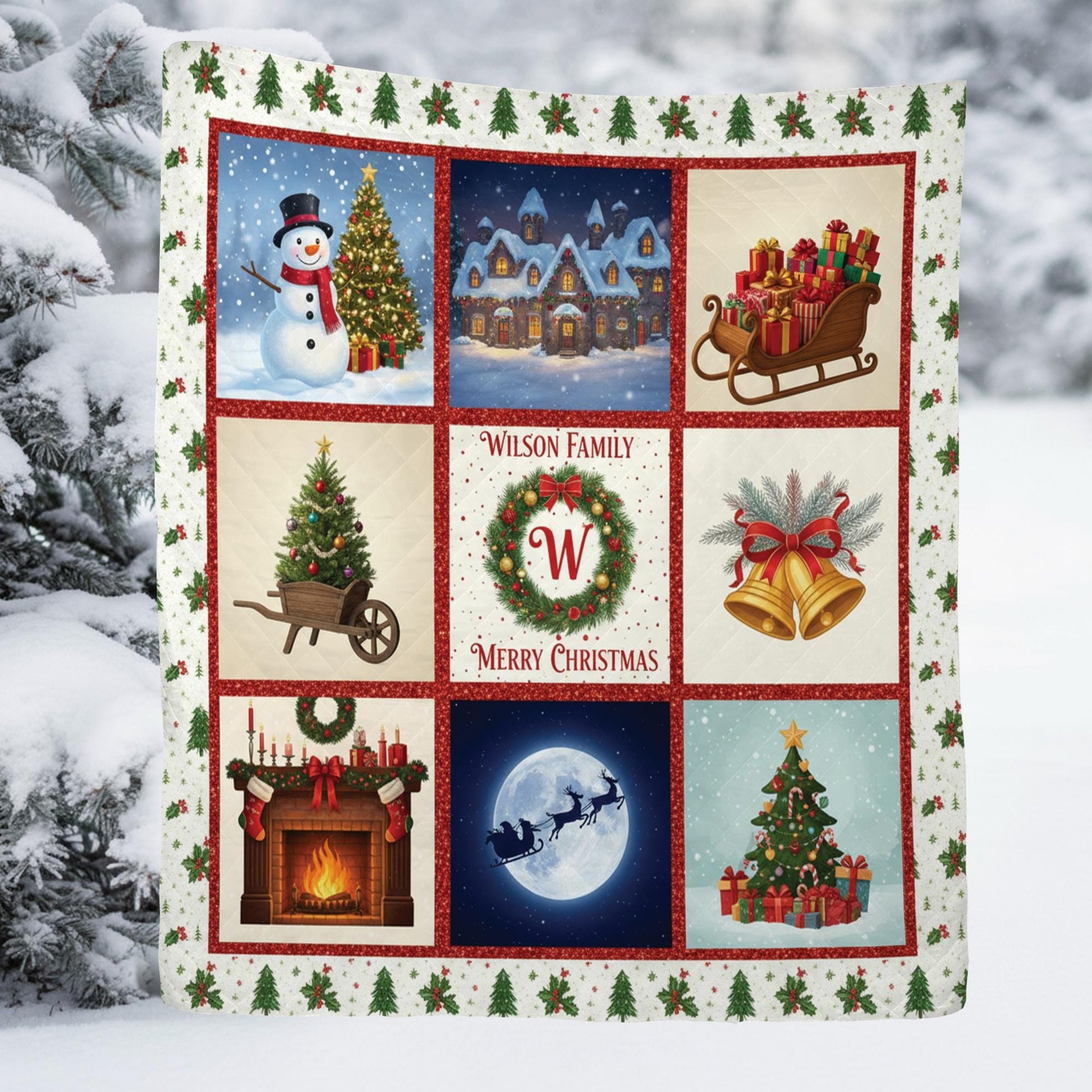 Personalized Christmas Quilt Blanket, Holiday Throw with Family Name and Festive Winter Design