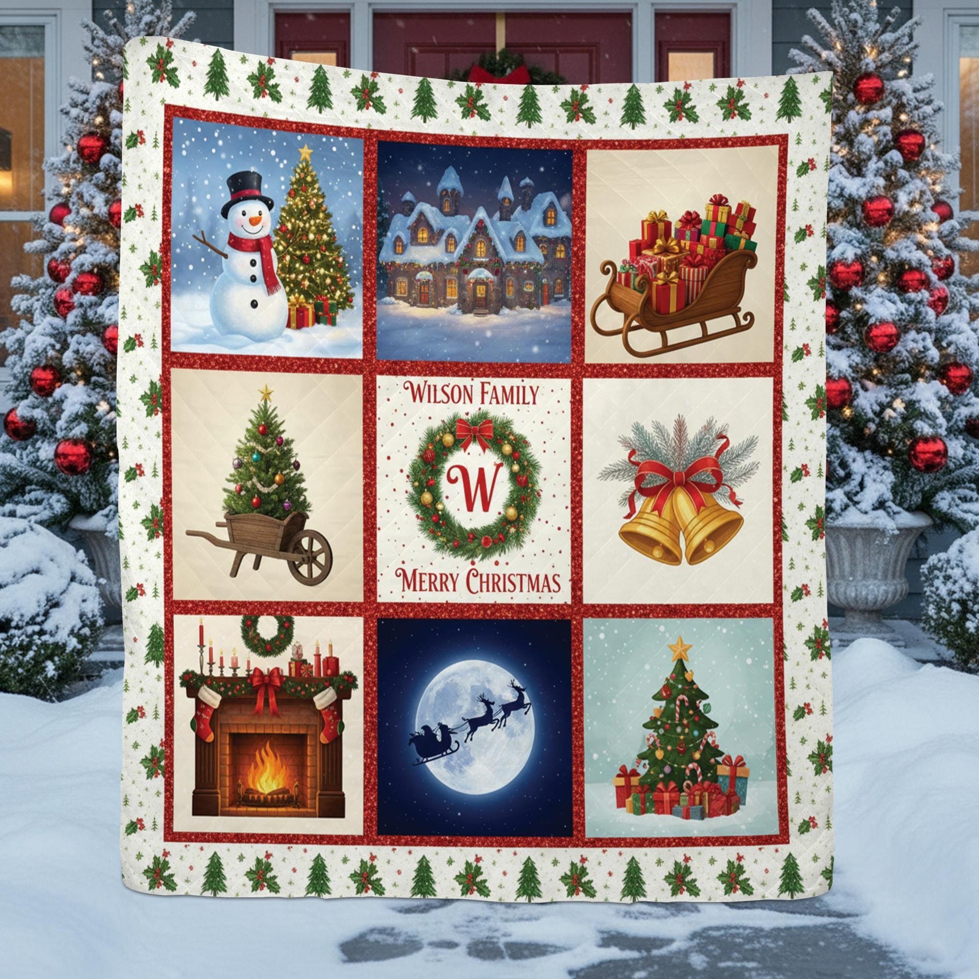 Personalized Christmas Quilt Blanket, Holiday Throw with Family Name and Festive Winter Design