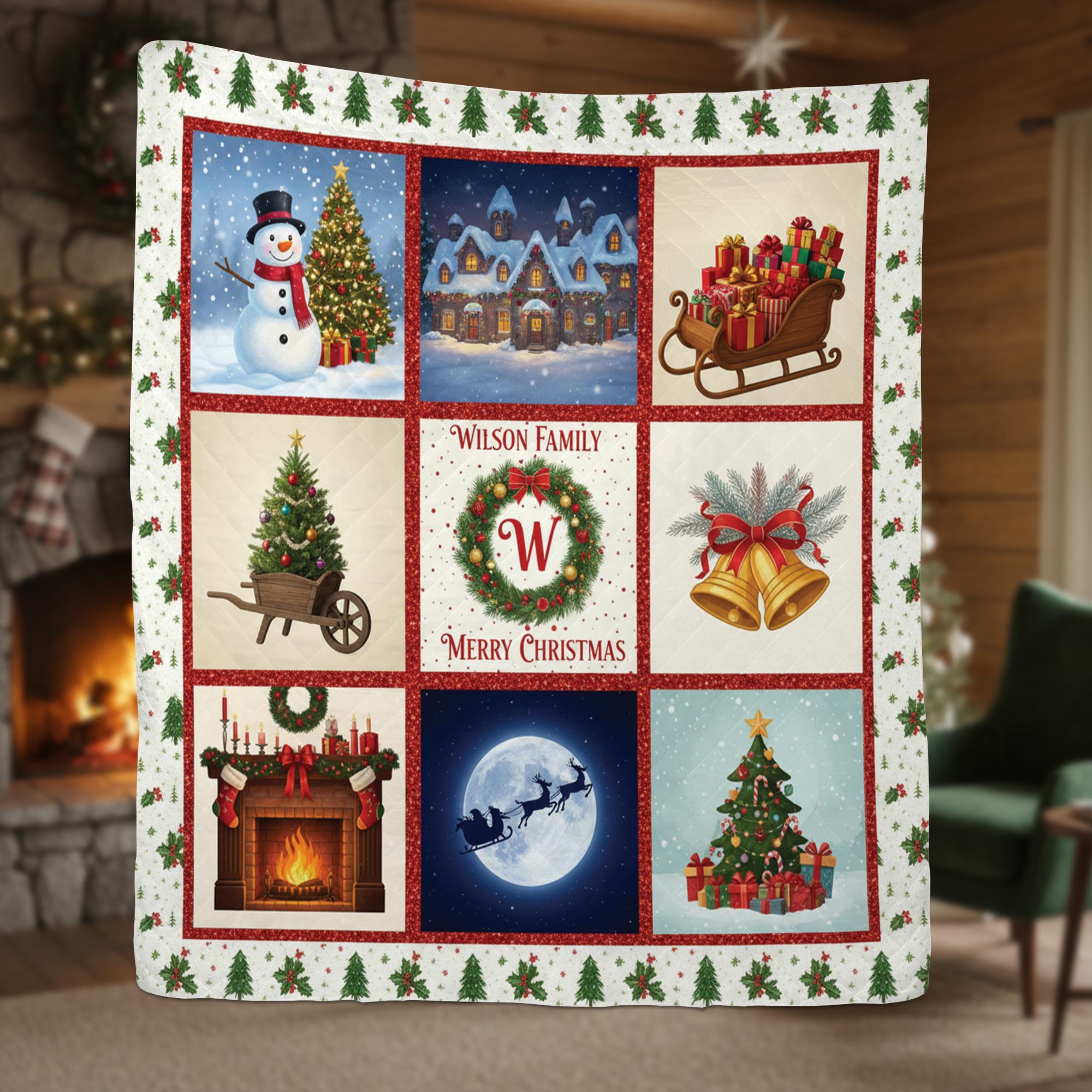 Personalized Christmas Quilt Blanket, Holiday Throw with Family Name and Festive Winter Design