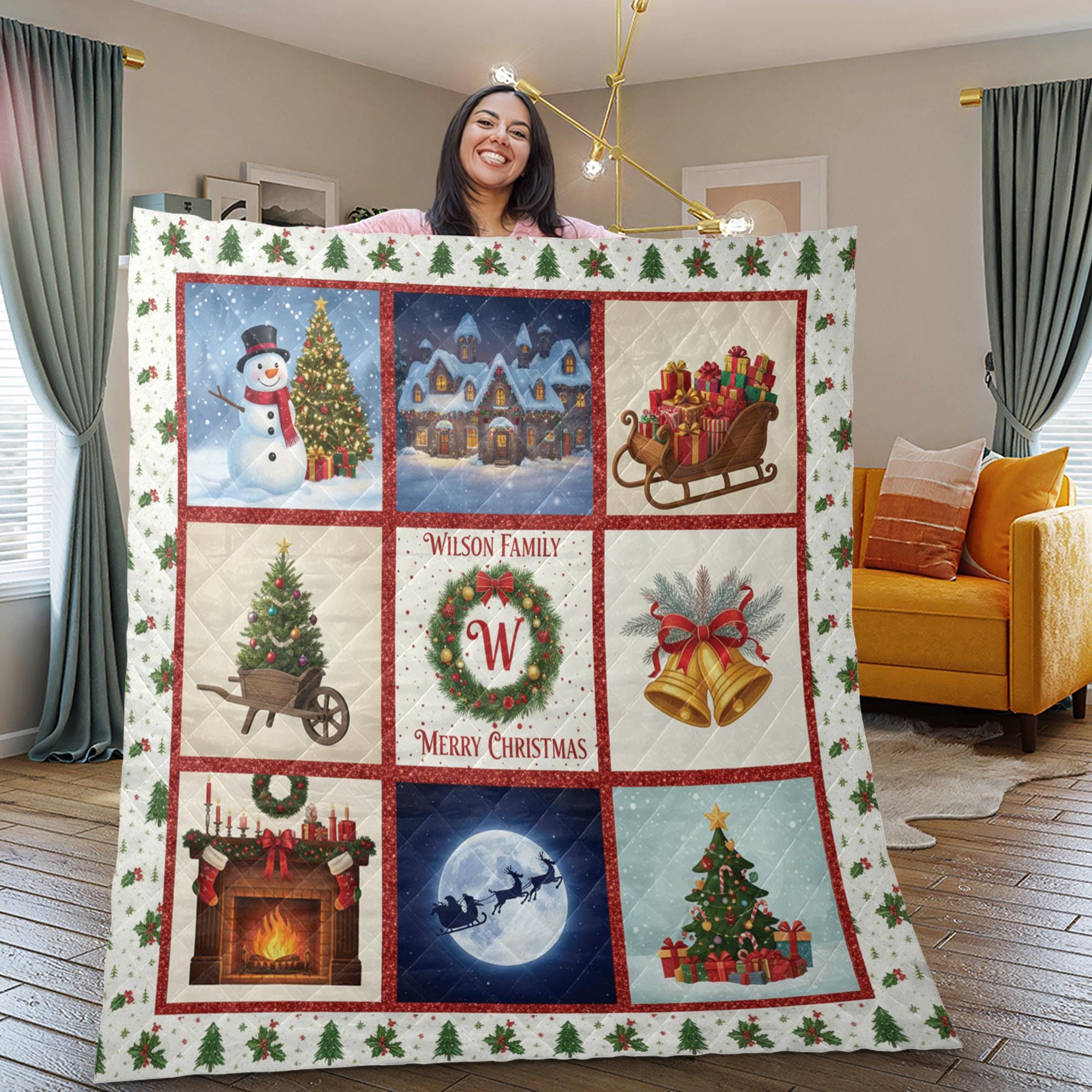 Personalized Christmas Quilt Blanket, Holiday Throw with Family Name and Festive Winter Design
