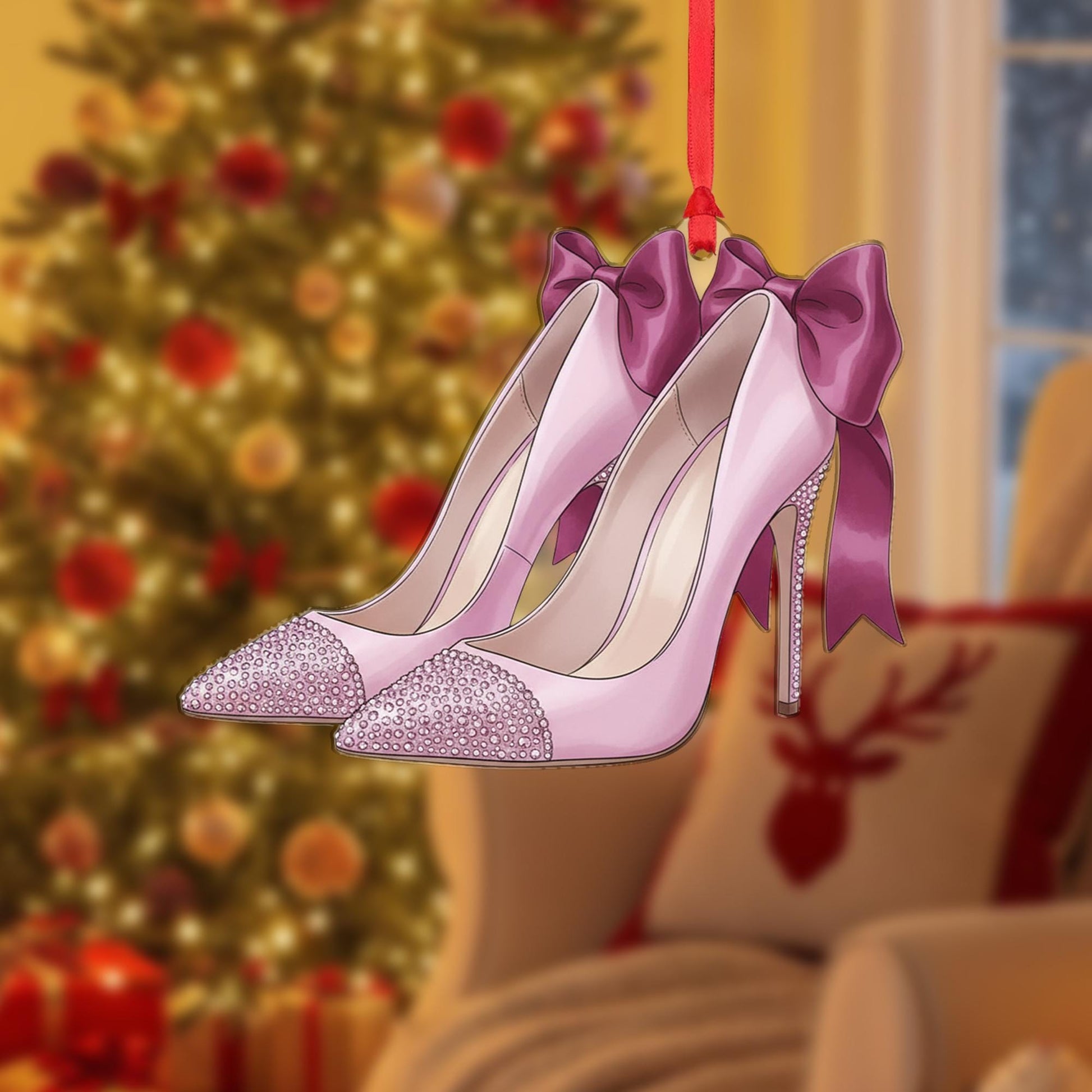 High Heel Ornament with Pink Bow, Christmas Tree Decoration with Glitter Shoes Design