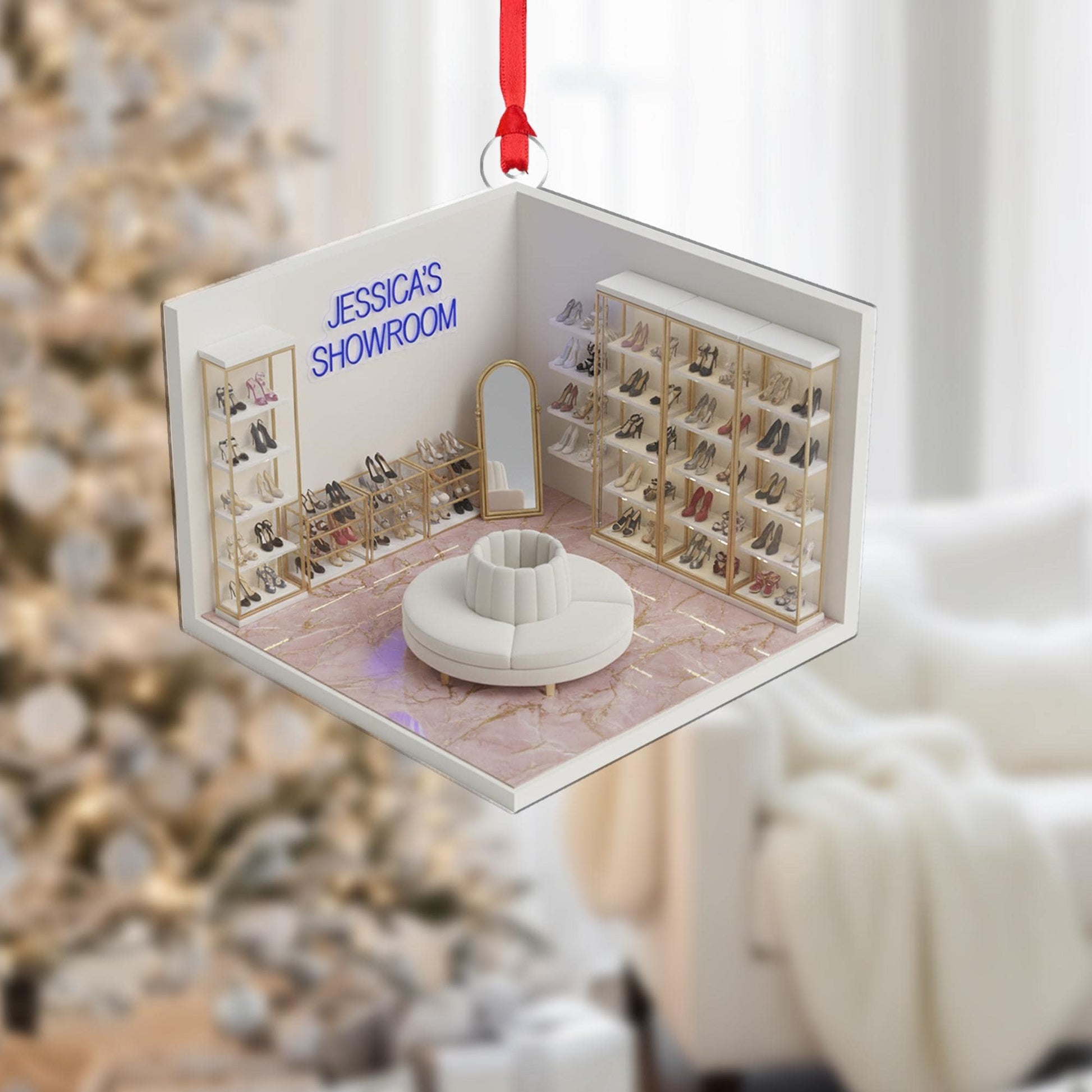 Personalized Shoe Showroom Ornament, Custom Name Christmas Tree Decoration with Closet and Mirror Design