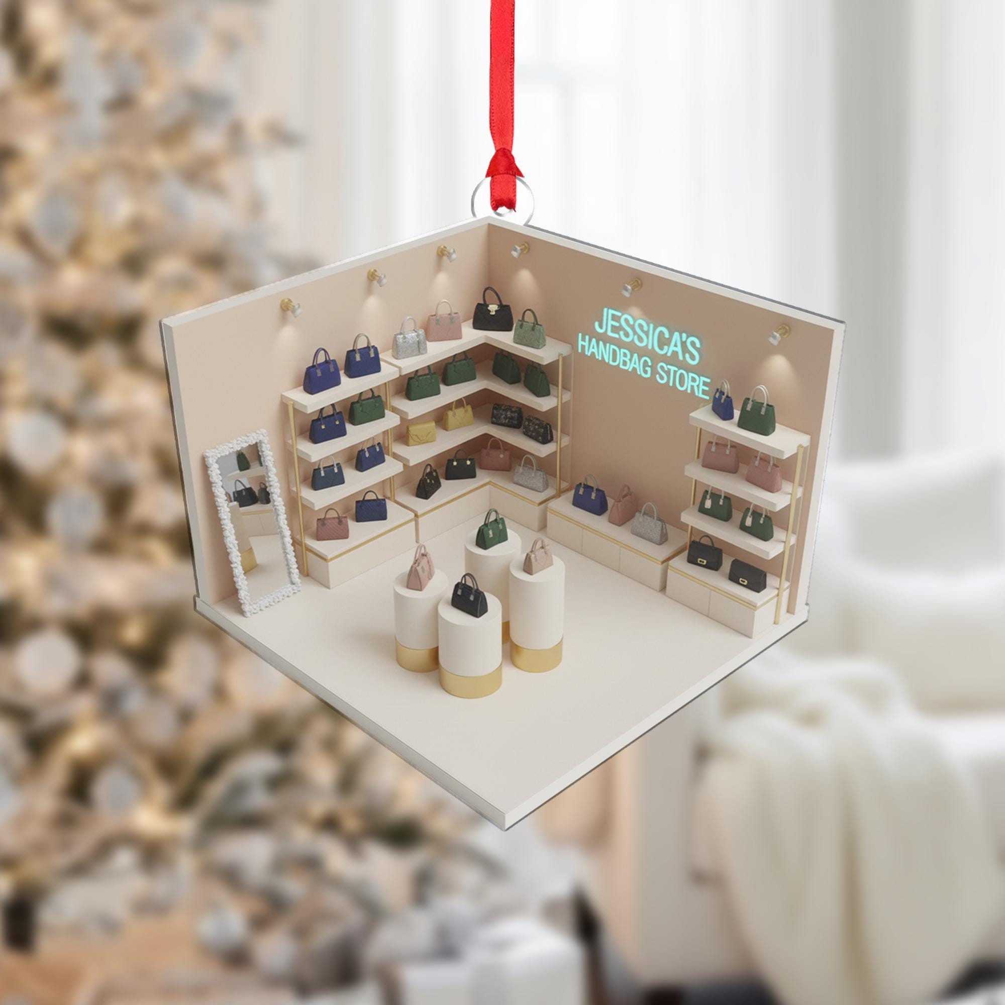 Personalized Handbag Store Ornament, Custom Name Christmas Tree Decoration with Purse Display Design