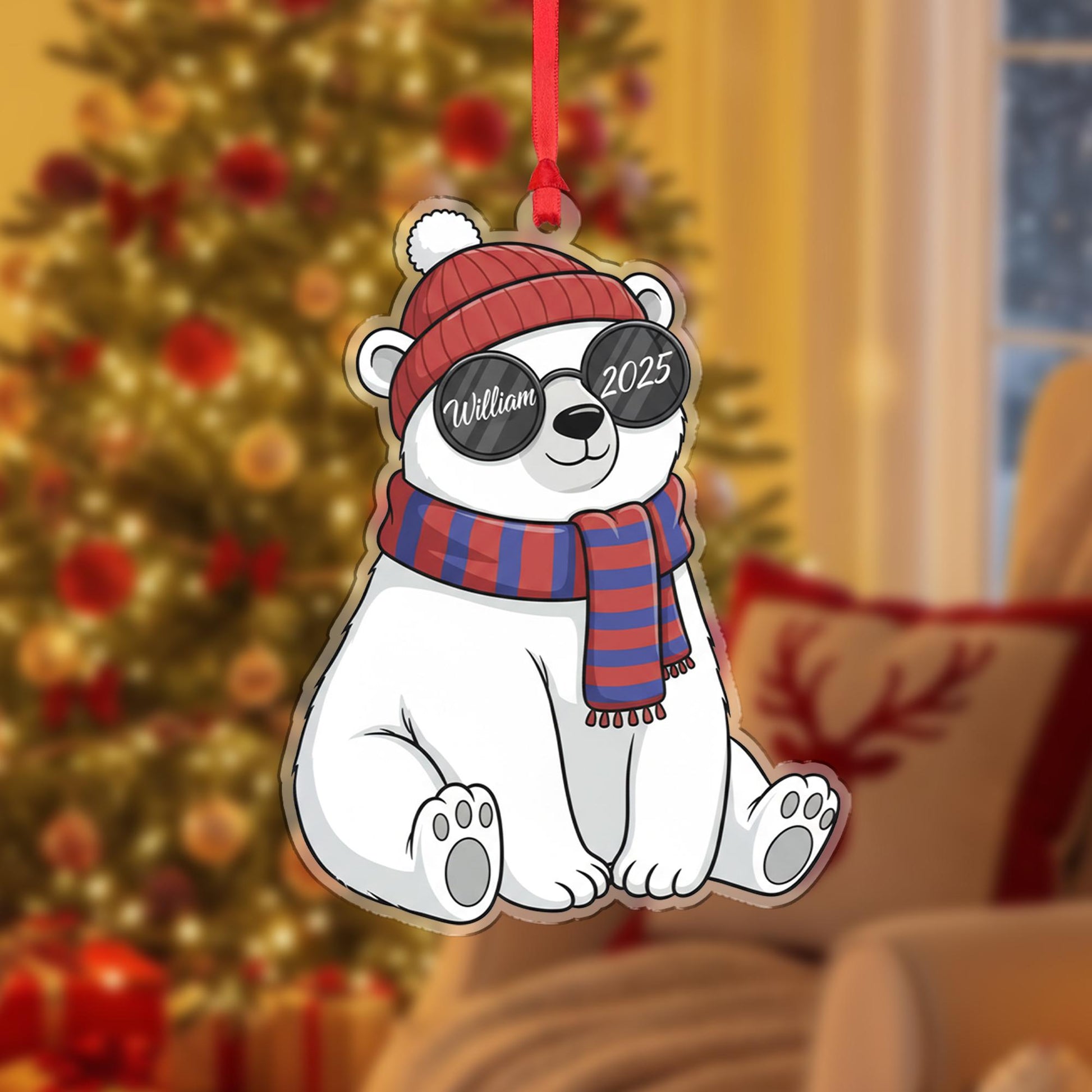 Personalized Bear Acrylic Ornament — Name & Year Custom Keepsake, Winter Hat Bear Decoration