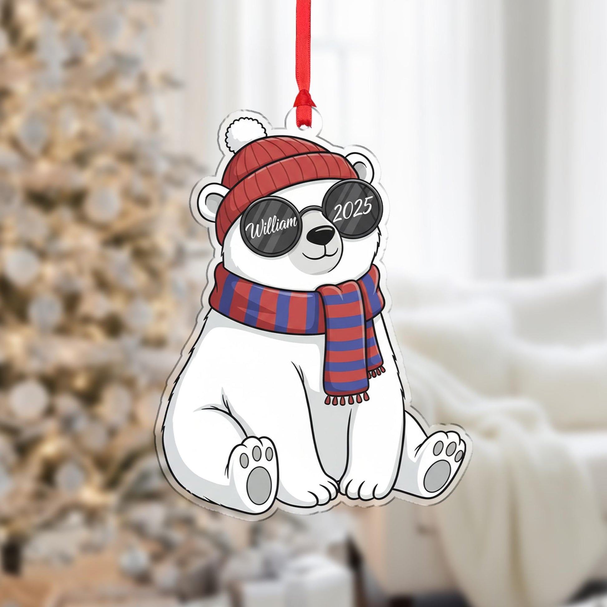Personalized Bear Acrylic Ornament — Name & Year Custom Keepsake, Winter Hat Bear Decoration