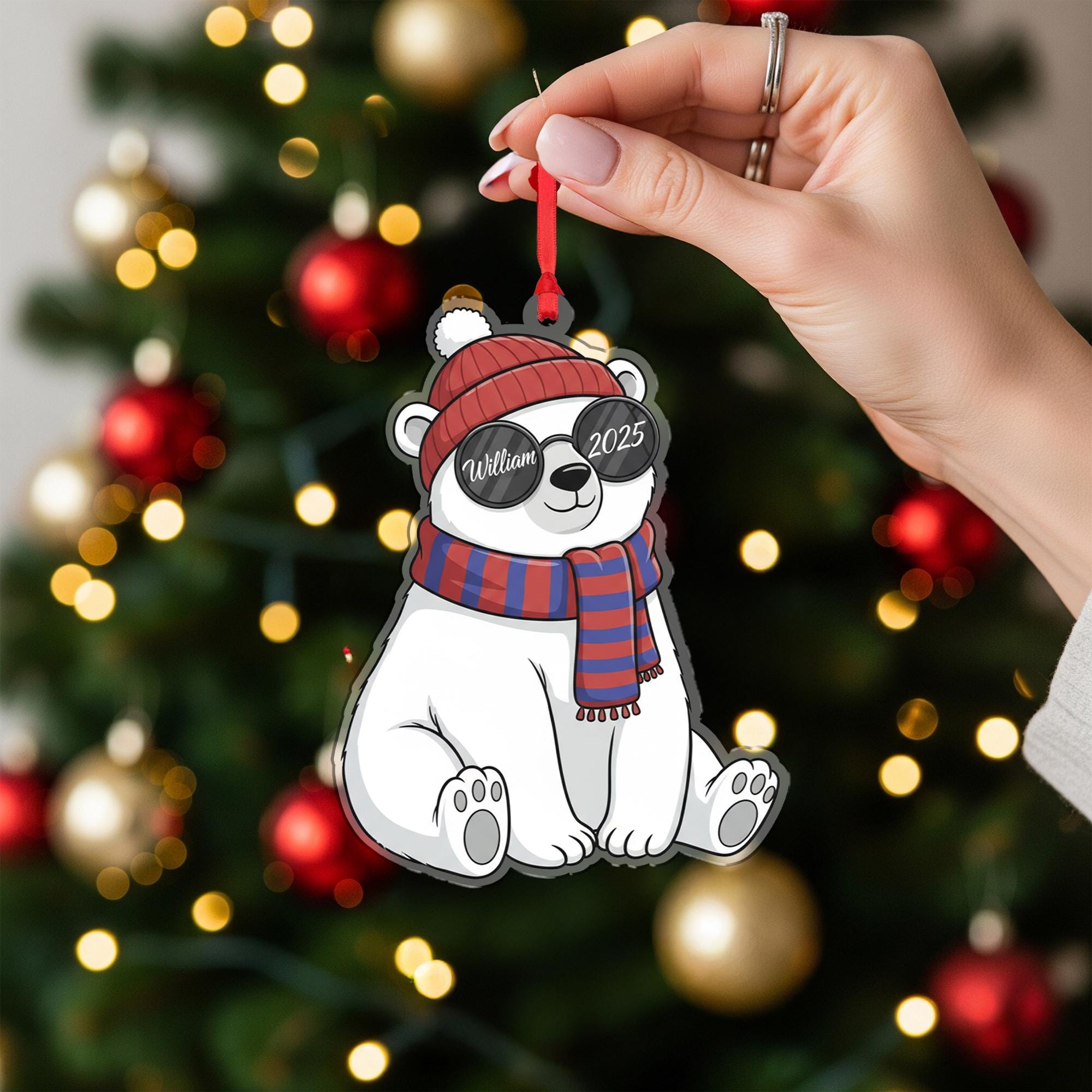 Personalized Bear Acrylic Ornament — Name & Year Custom Keepsake, Winter Hat Bear Decoration