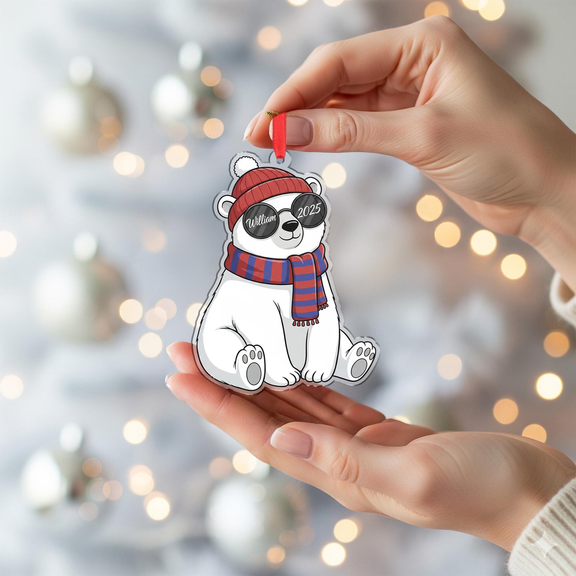 Personalized Bear Acrylic Ornament — Name & Year Custom Keepsake, Winter Hat Bear Decoration
