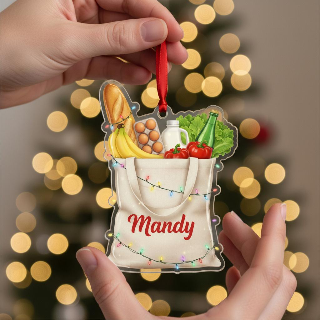 Personalized Grocery Tote Acrylic Ornament — Name Custom Keepsake, Holiday Decoration