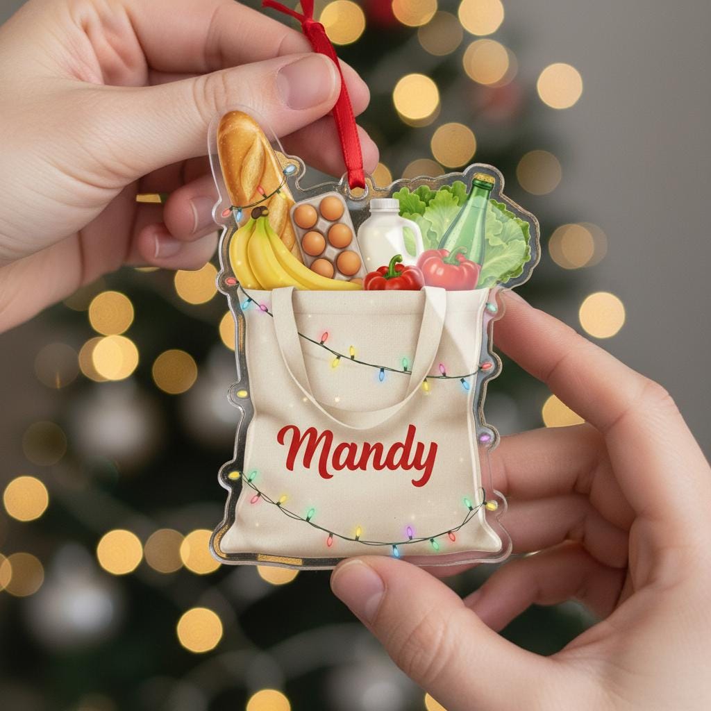 Personalized Grocery Tote Acrylic Ornament — Name Custom Keepsake, Holiday Decoration