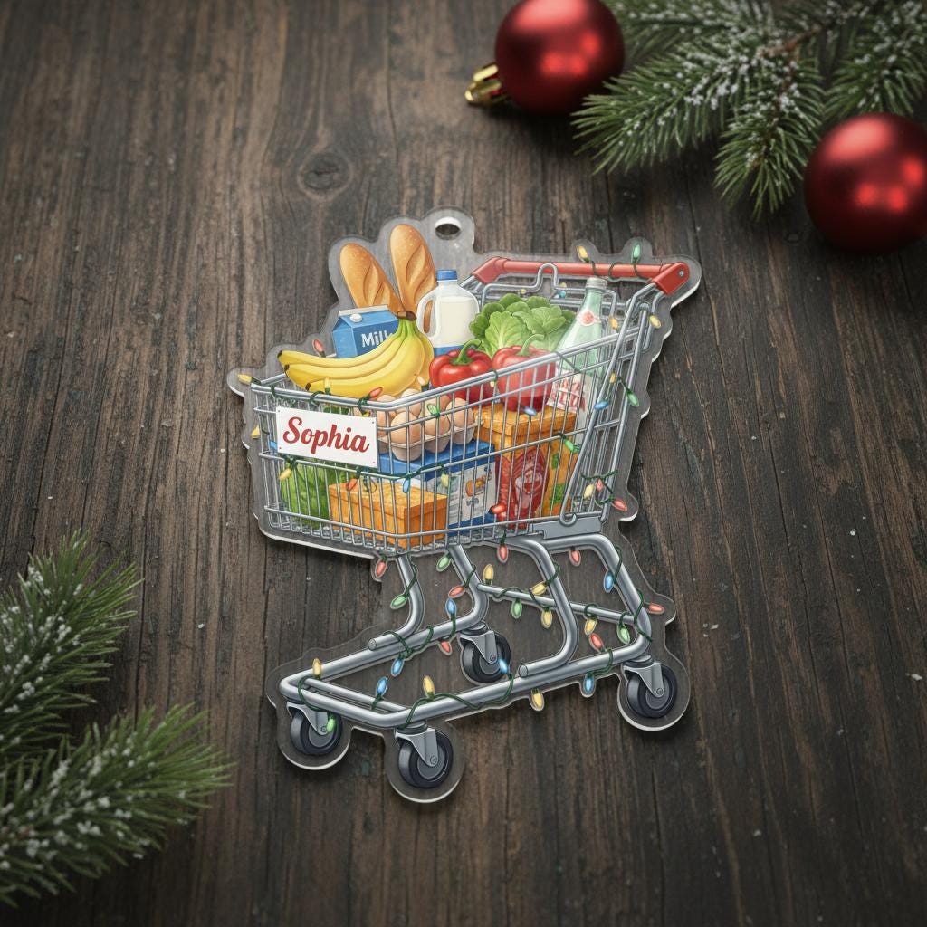 Personalized Shopping Cart Acrylic Ornament — Name Custom Keepsake, Holiday Decor