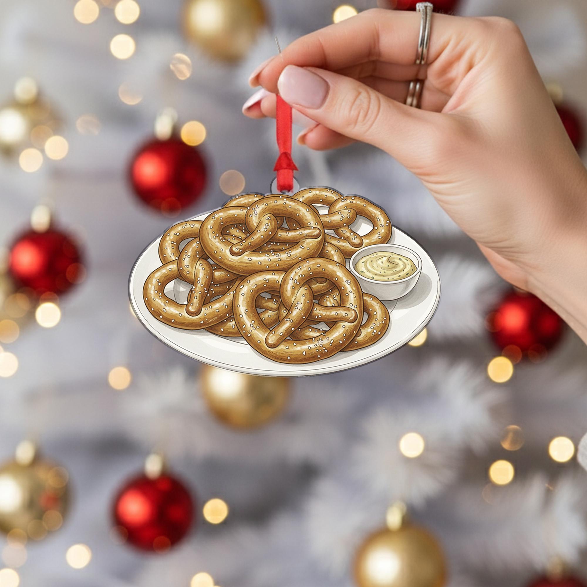 Pretzel Plate Ornament – Ceramic Holiday Tree Decoration with Mustard Dip Design