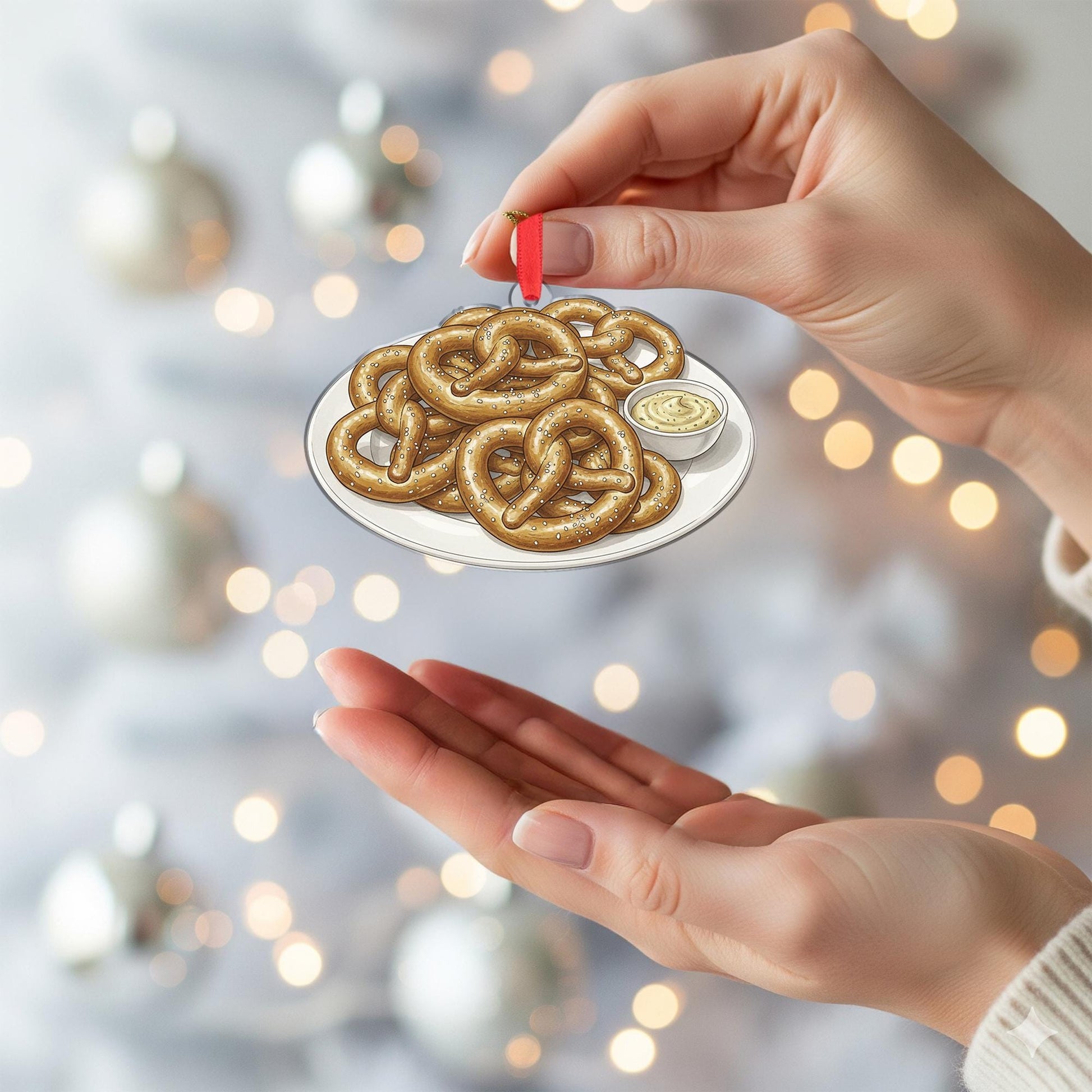 Pretzel Plate Ornament – Ceramic Holiday Tree Decoration with Mustard Dip Design