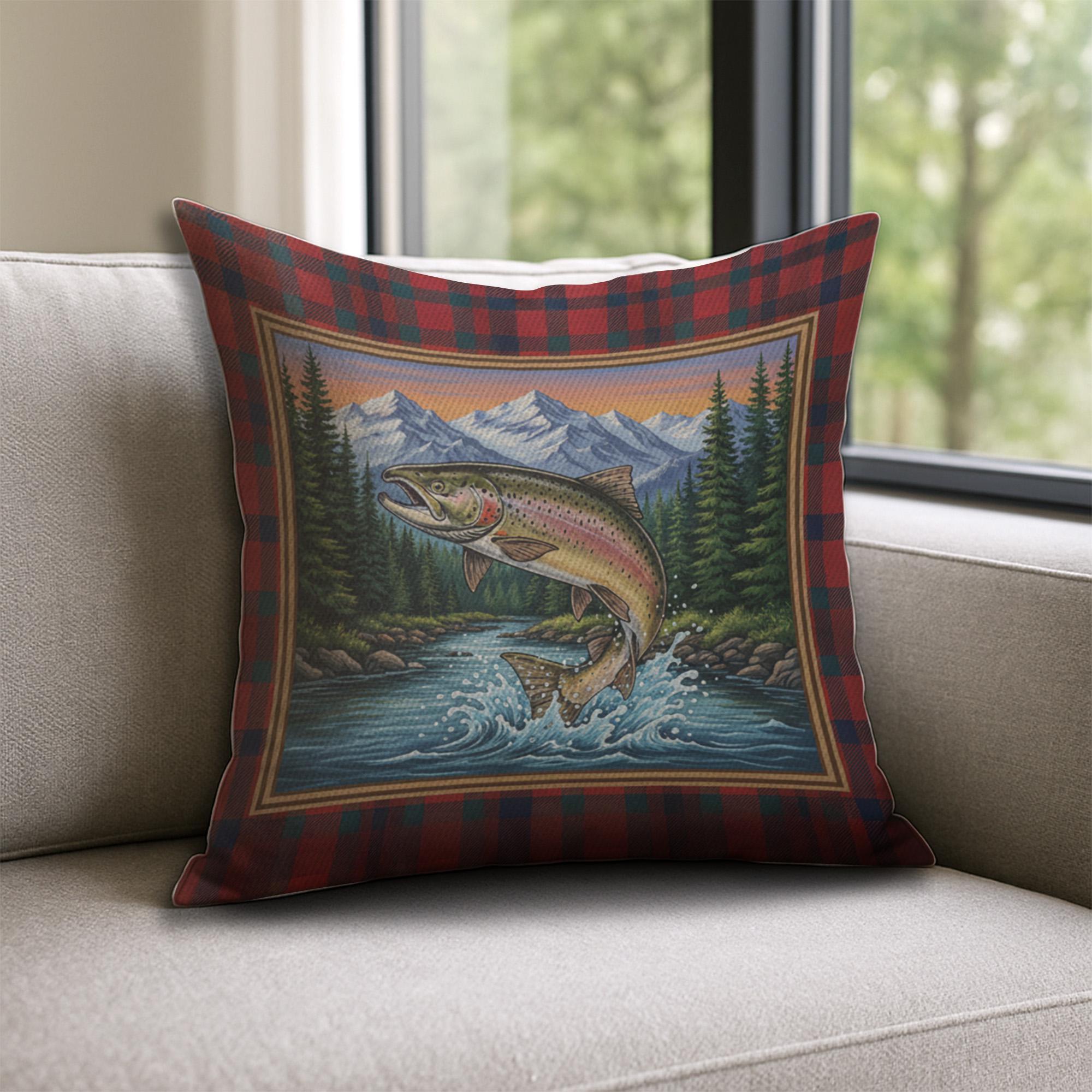 Plaid Fishing Pillow – Linen Throw Cushion with Trout and Mountain Landscape Design