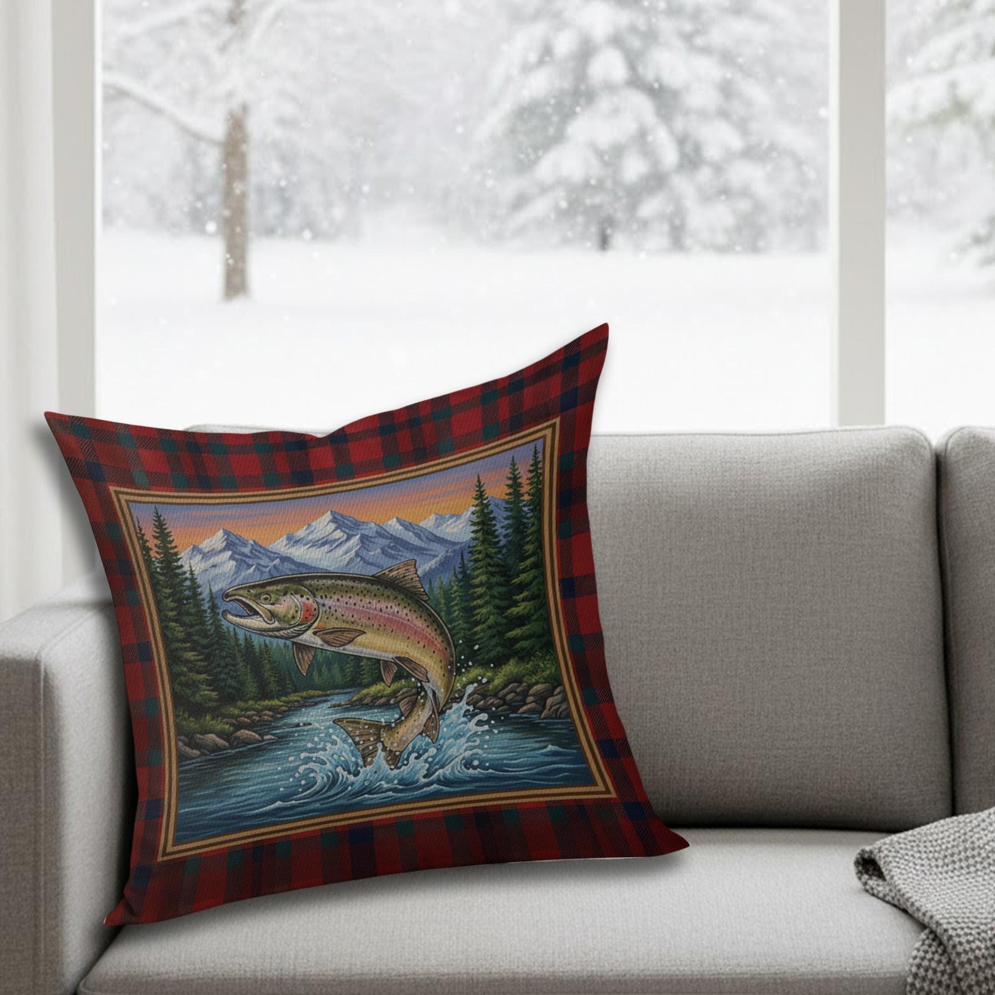 Plaid Fishing Pillow – Linen Throw Cushion with Trout and Mountain Landscape Design