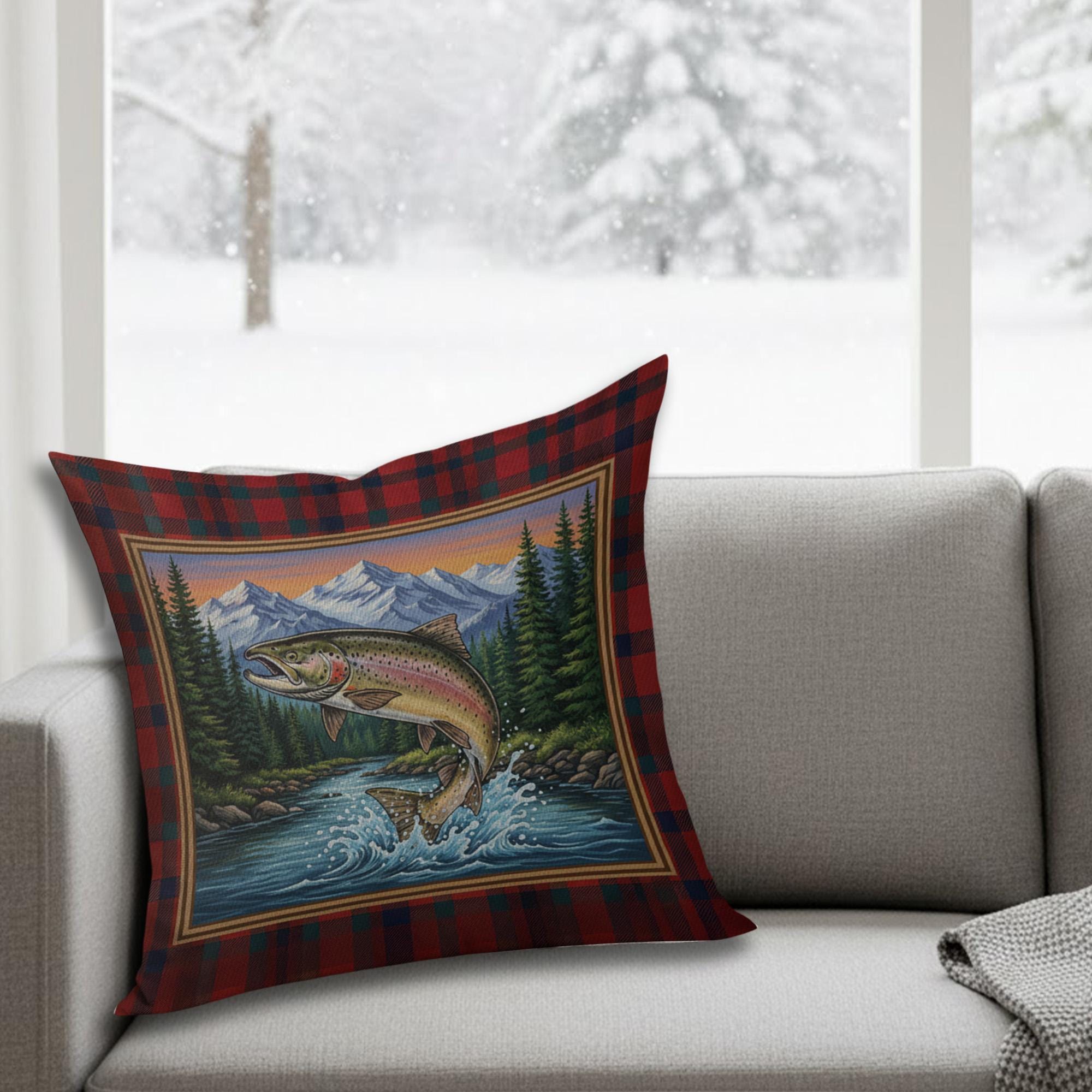 Plaid Fishing Pillow – Linen Throw Cushion with Trout and Mountain Landscape Design