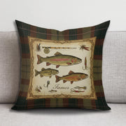 Personalized Fishing Pillow – Plaid Linen Throw Cushion with Trout and Fly Rod Design