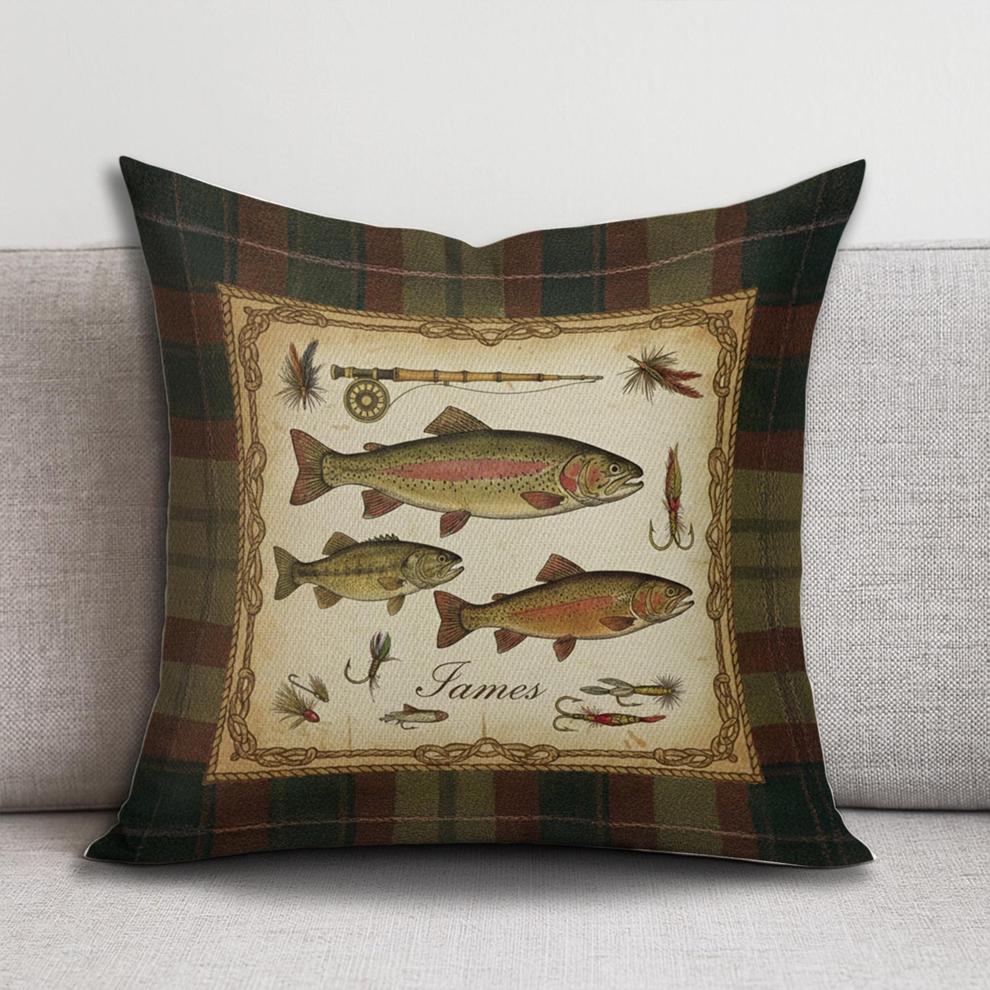 Personalized Fishing Pillow – Plaid Linen Throw Cushion with Trout and Fly Rod Design