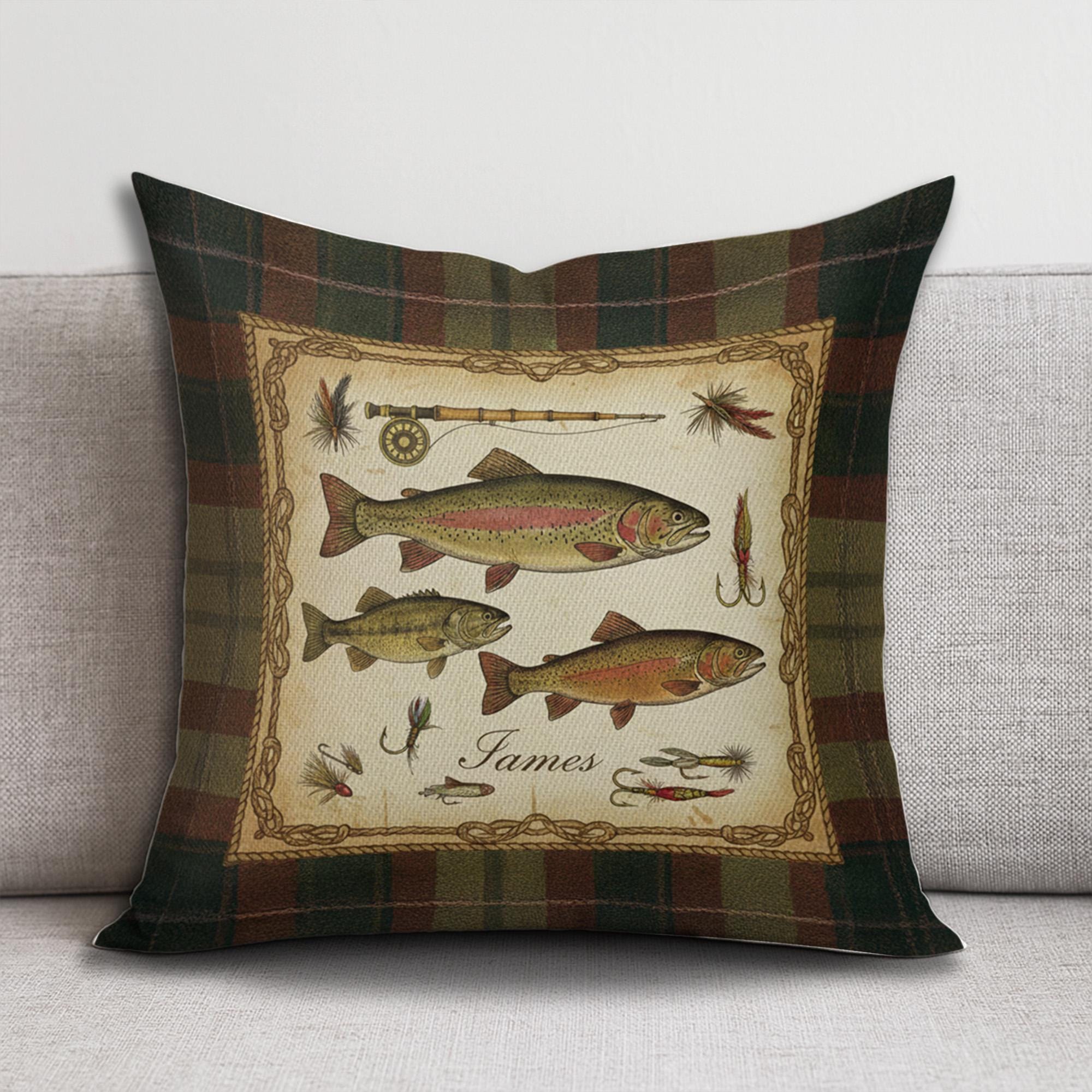 Personalized Fishing Pillow – Plaid Linen Throw Cushion with Trout and Fly Rod Design
