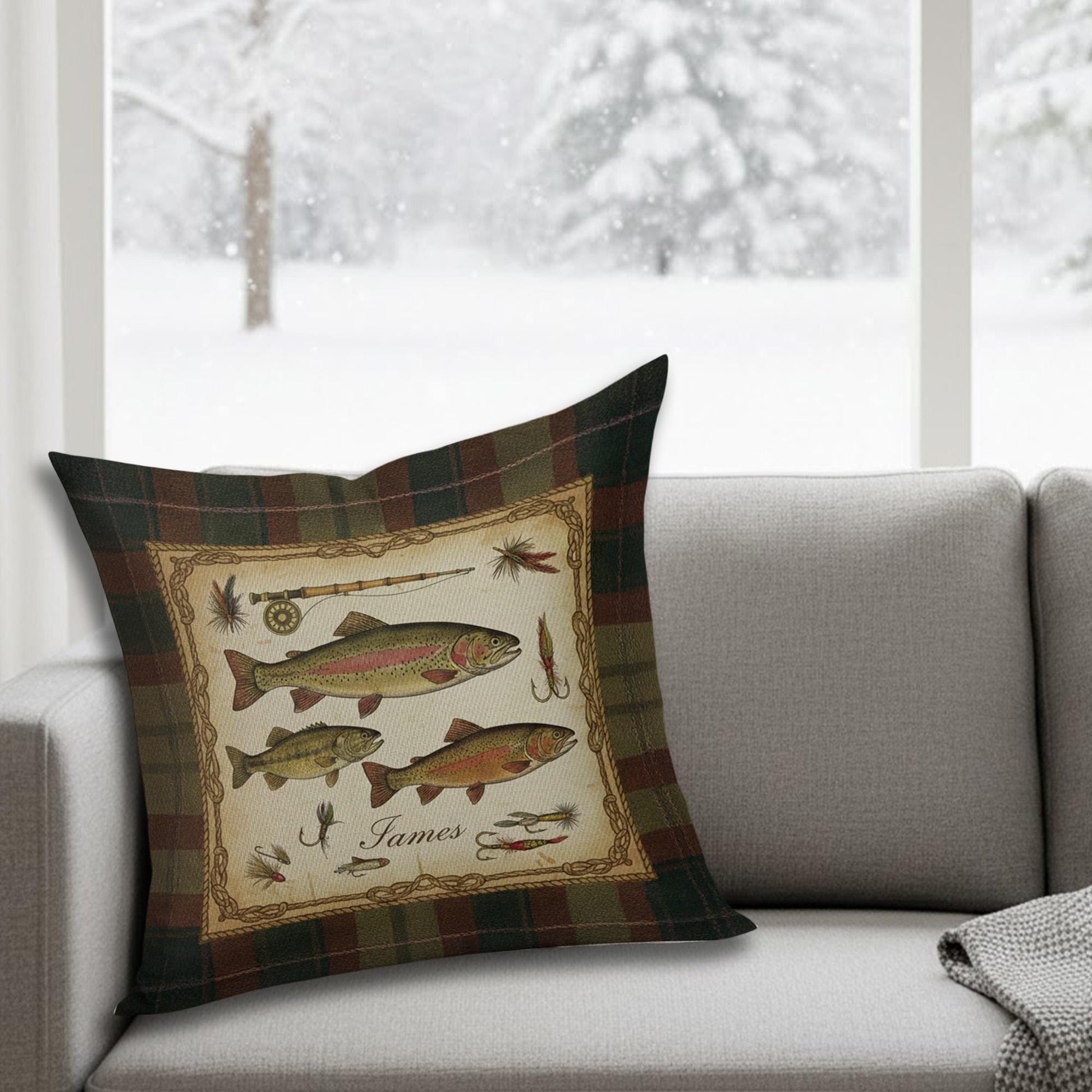 Personalized Fishing Pillow – Plaid Linen Throw Cushion with Trout and Fly Rod Design