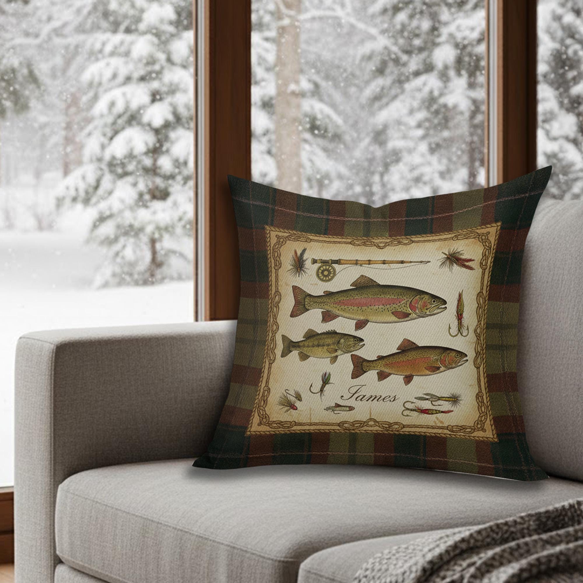 Personalized Fishing Pillow – Plaid Linen Throw Cushion with Trout and Fly Rod Design