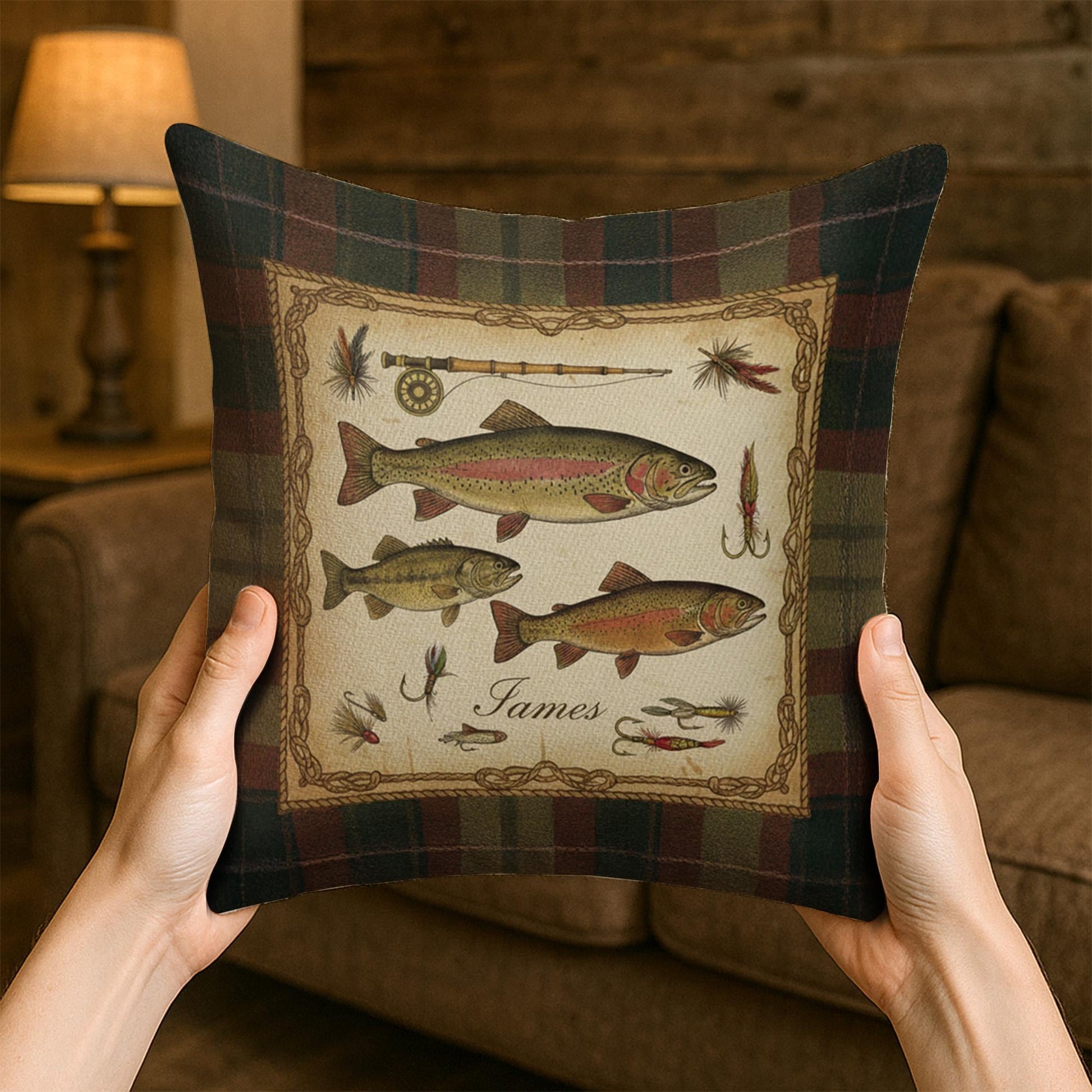 Personalized Fishing Pillow – Plaid Linen Throw Cushion with Trout and Fly Rod Design