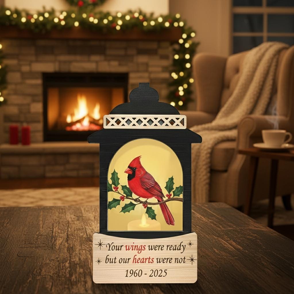 Personalized Memorial Lantern – Wooden and Acrylic Cardinal Light with Engraved Quote Design