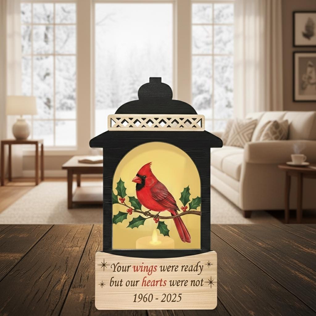 Personalized Memorial Lantern – Wooden and Acrylic Cardinal Light with Engraved Quote Design