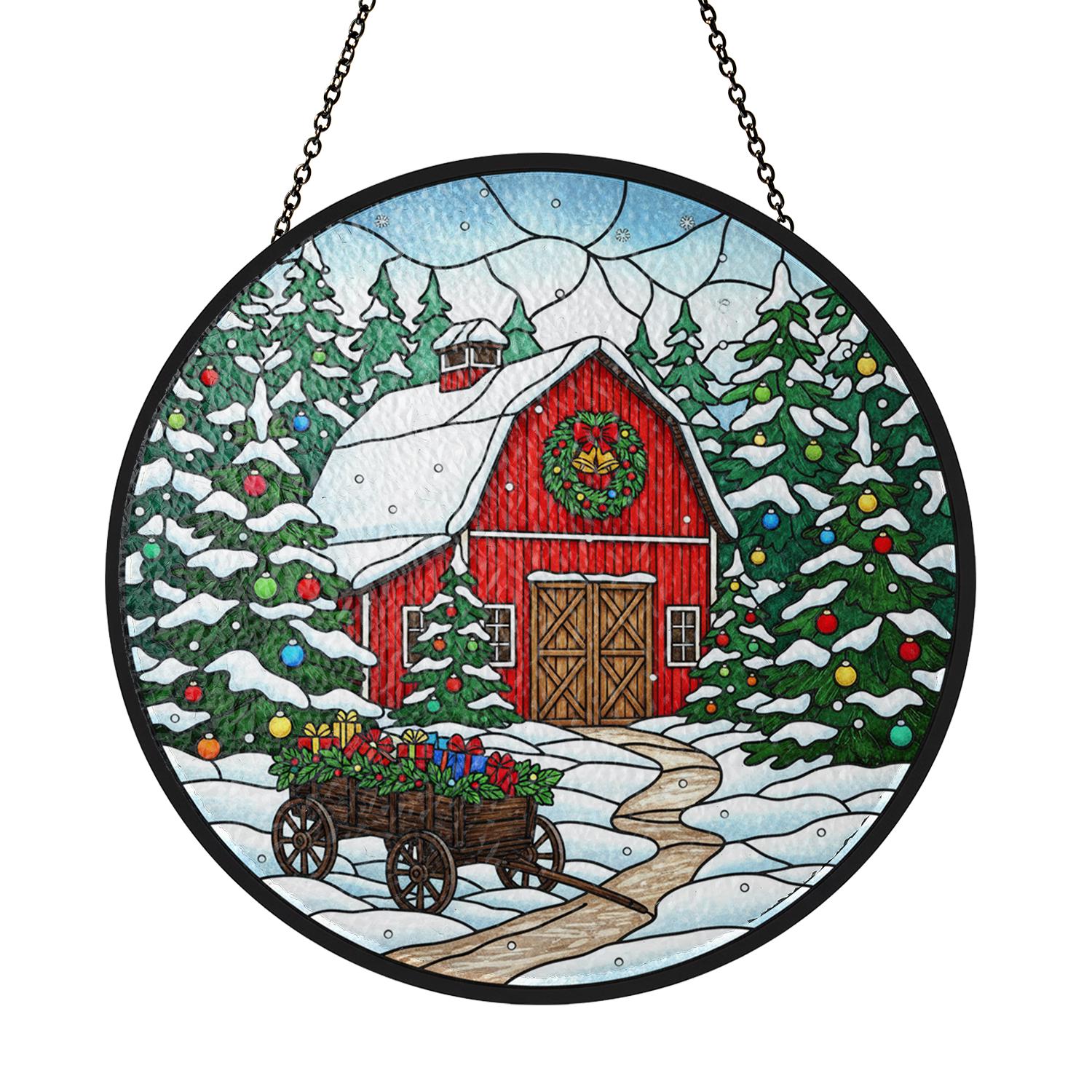 Glass Suncatcher: Barn and Snow Scene Window Decor