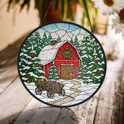Glass Suncatcher: Barn and Snow Scene Window Decor