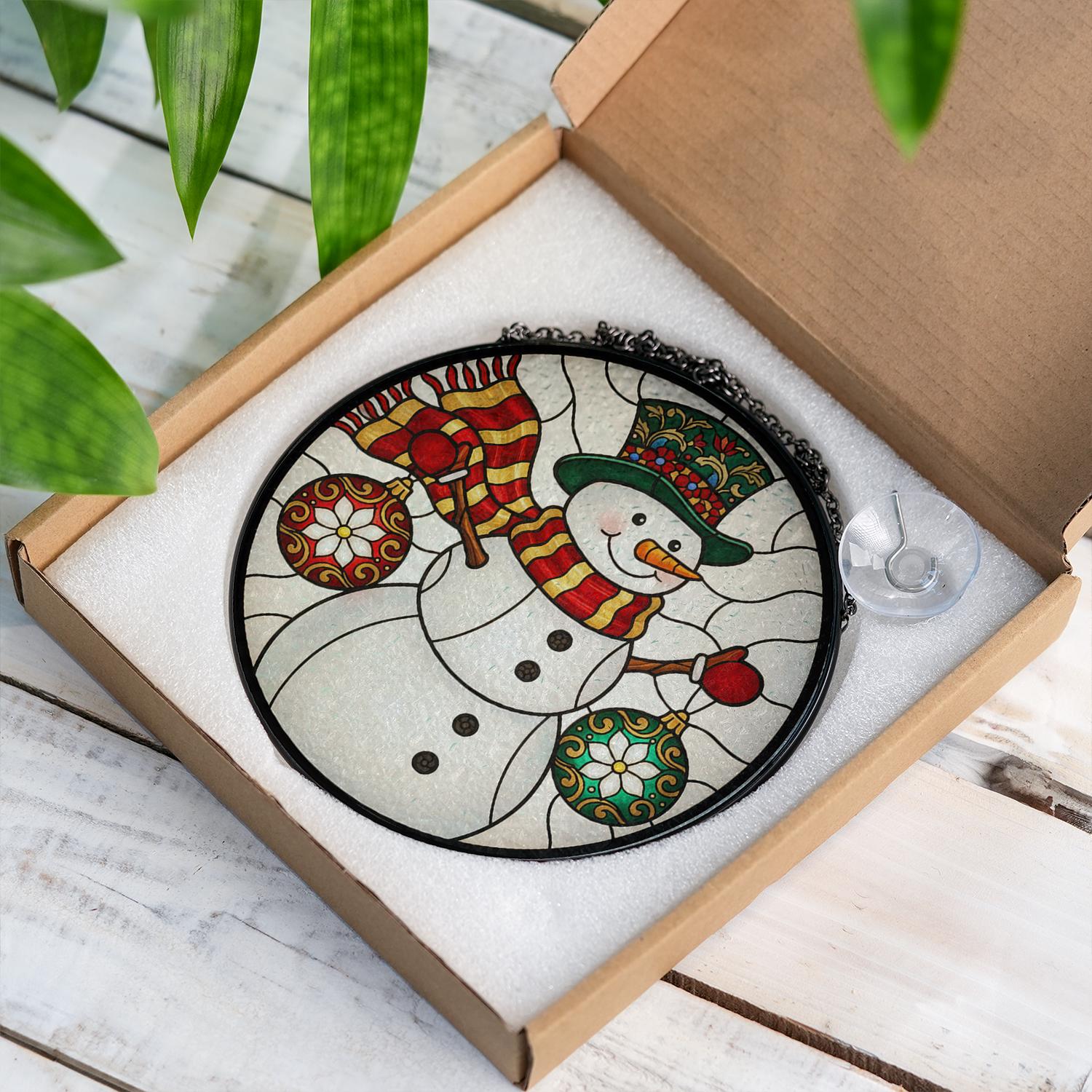 Glass Suncatcher – Snowman Scene Window Decor