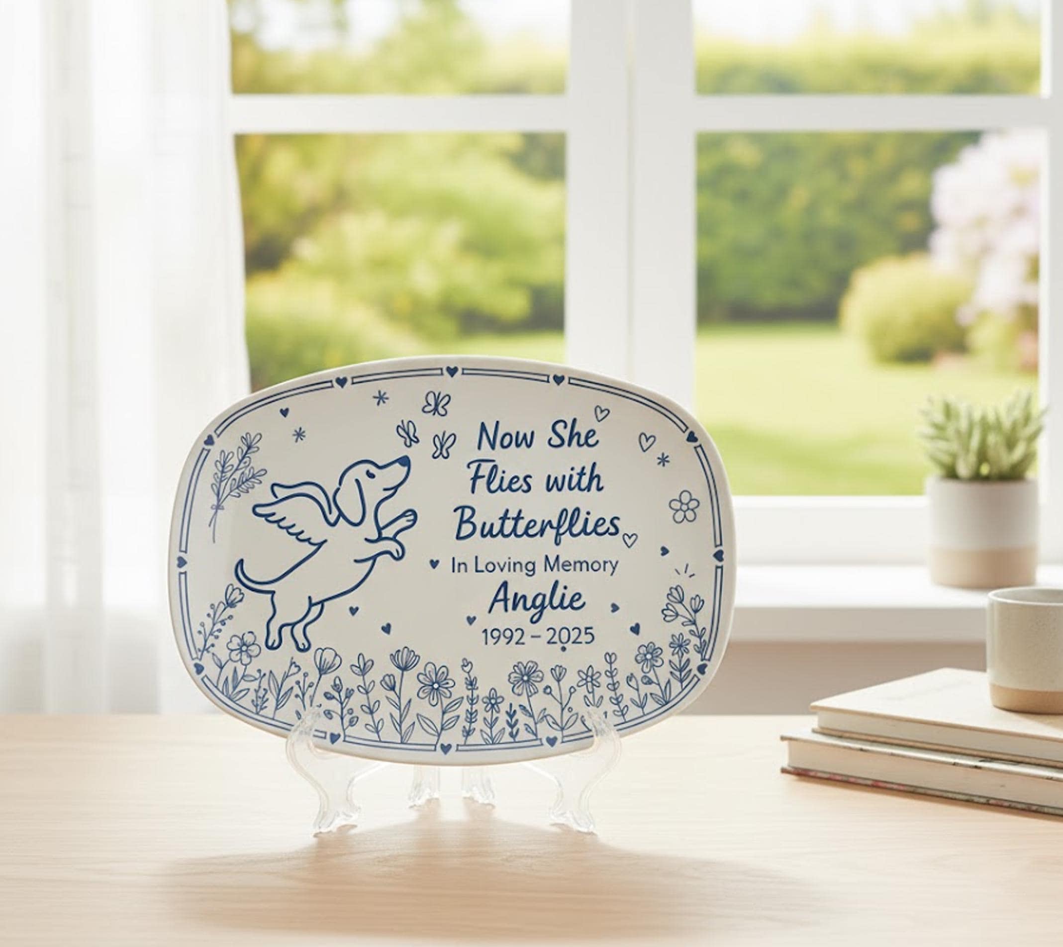 Personalized Memorial Platter – Now She Flies With Butterflies Engraved Tribute