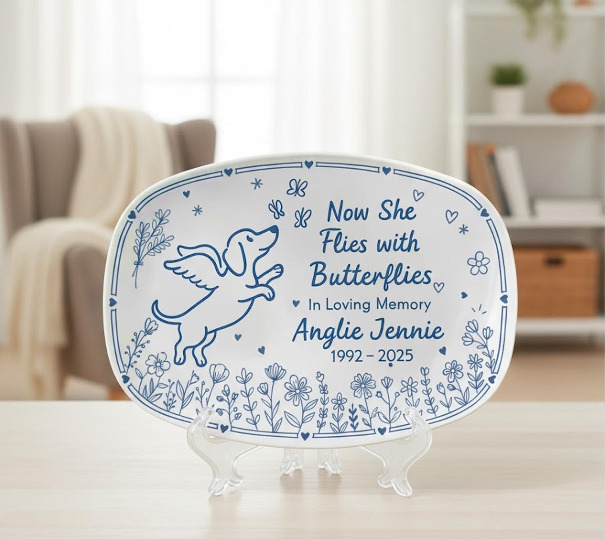 Personalized Memorial Platter – Now She Flies With Butterflies Engraved Tribute