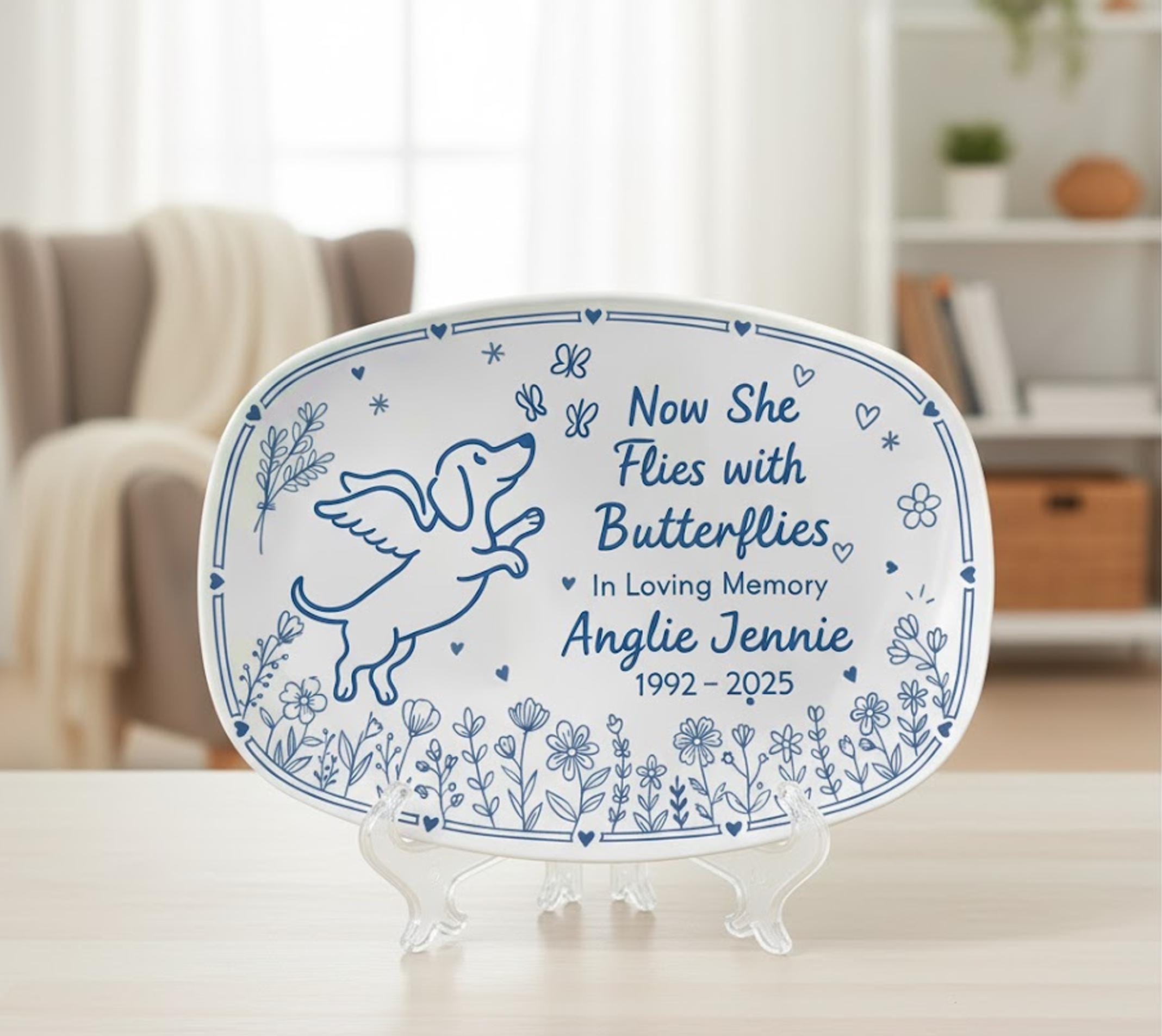 Personalized Memorial Platter – Now She Flies With Butterflies Engraved Tribute