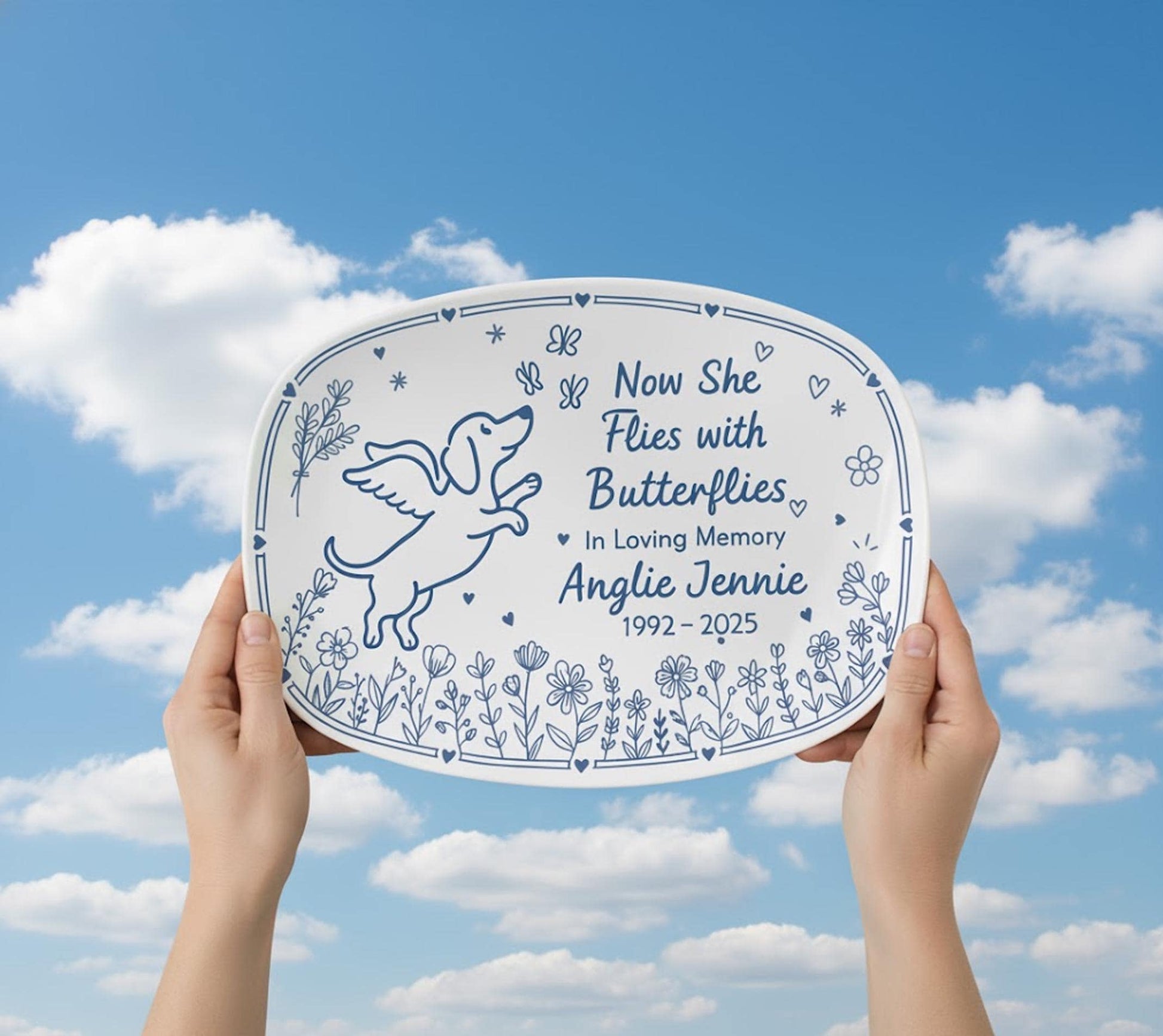 Personalized Memorial Platter – Now She Flies With Butterflies Engraved Tribute