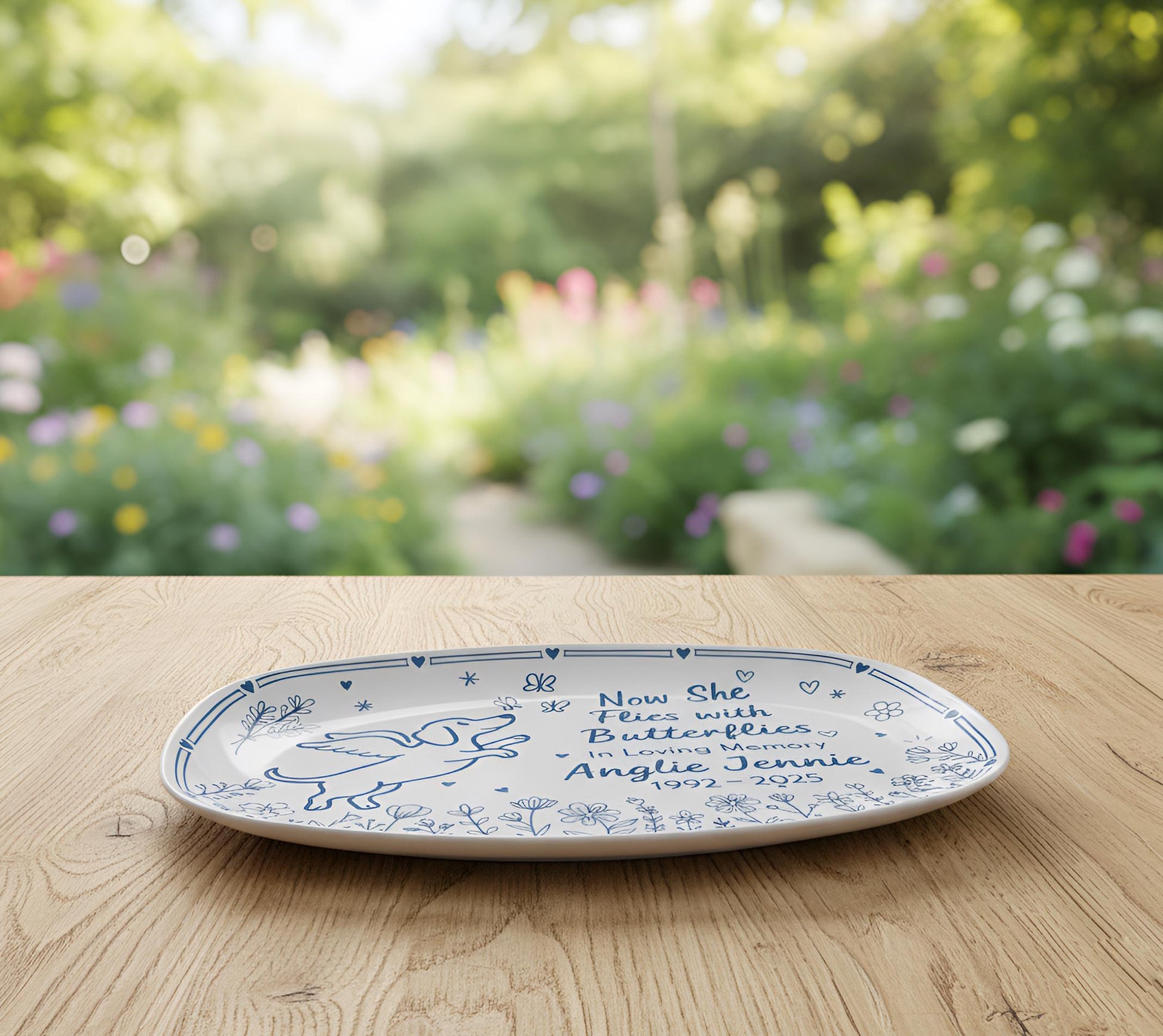 Personalized Memorial Platter – Now She Flies With Butterflies Engraved Tribute