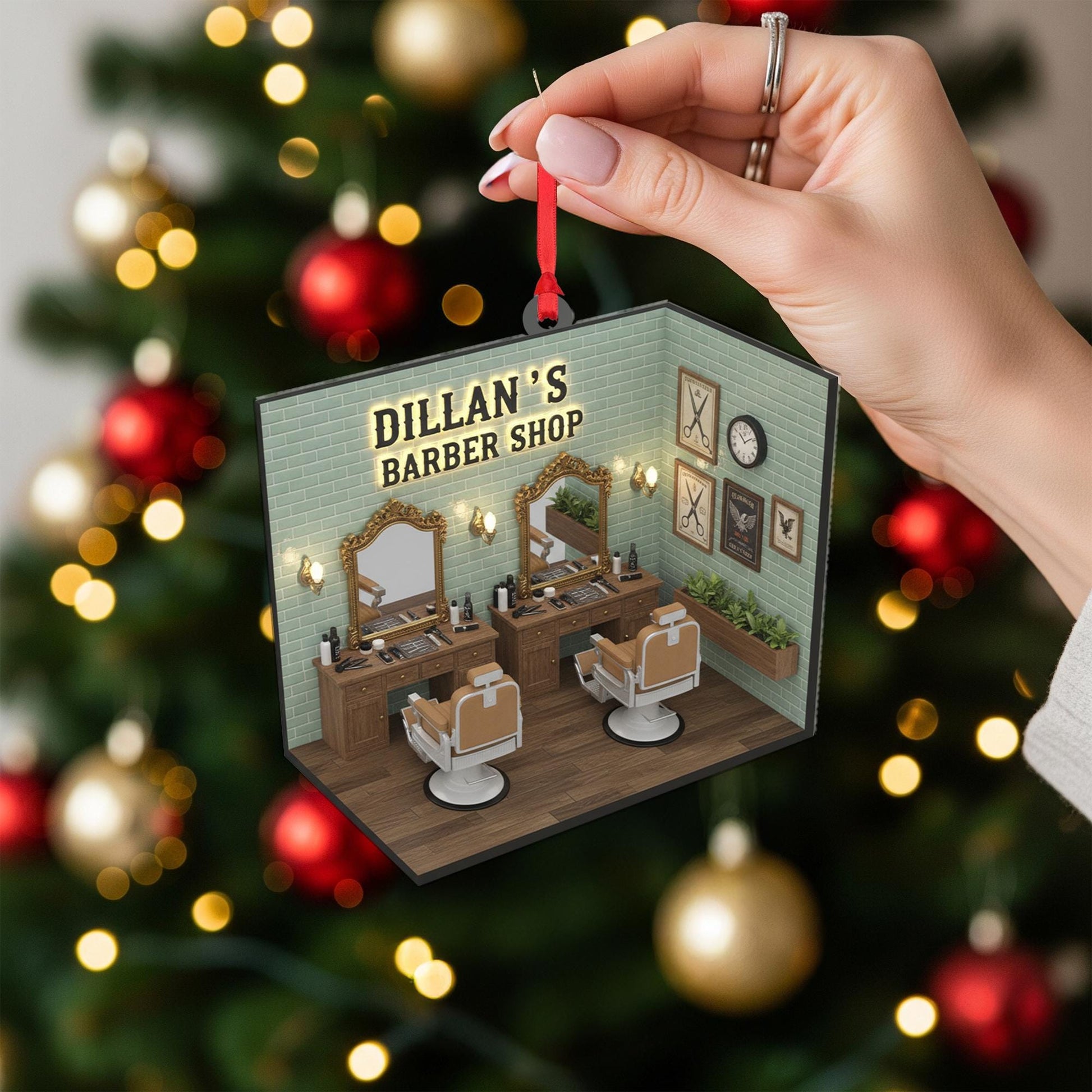 Personalized Barbershop Ornament – Acrylic and Wood Salon Decoration with Mirror and Chair Design
