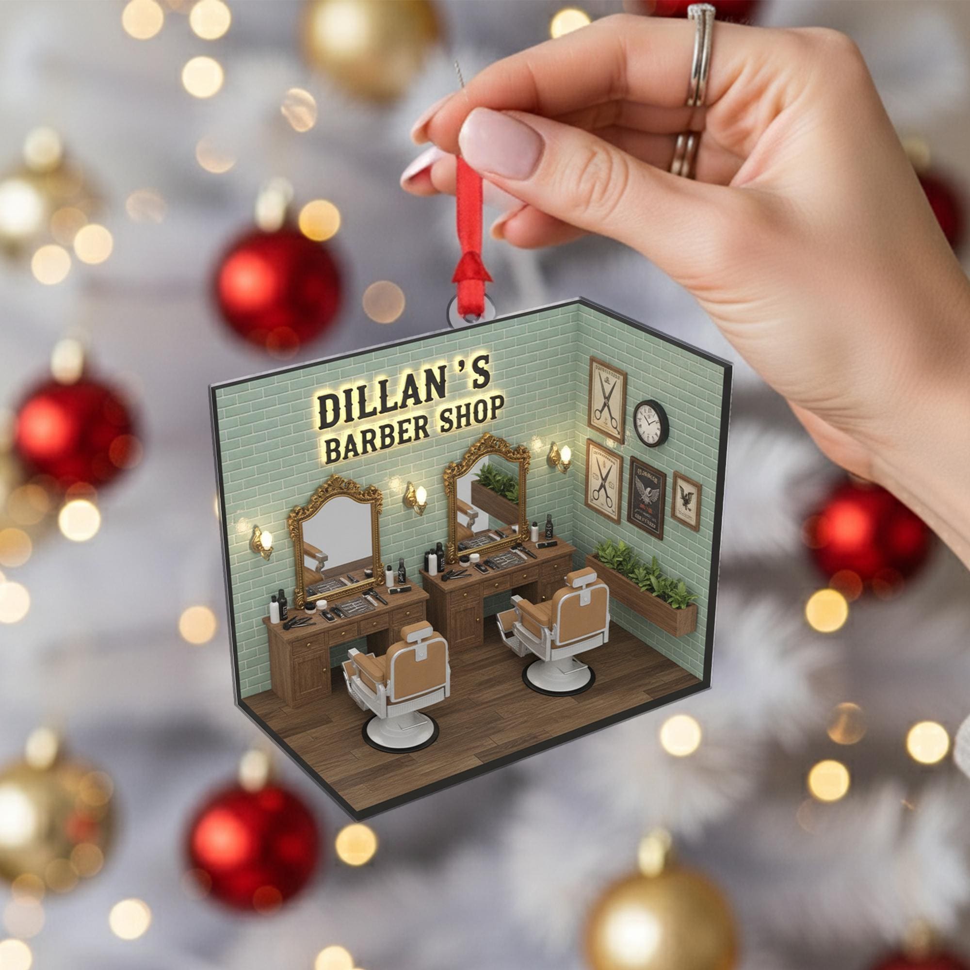 Personalized Barbershop Ornament – Acrylic and Wood Salon Decoration with Mirror and Chair Design
