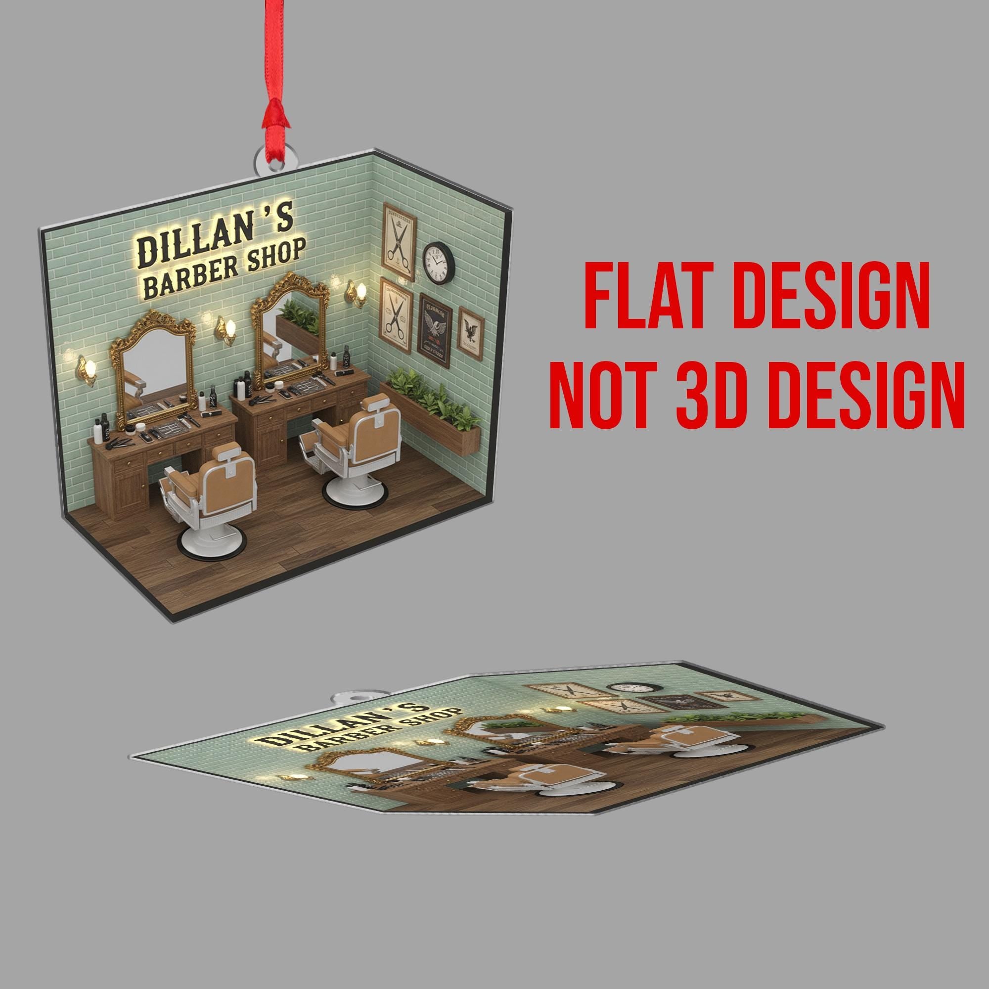 Personalized Barbershop Ornament – Acrylic and Wood Salon Decoration with Mirror and Chair Design