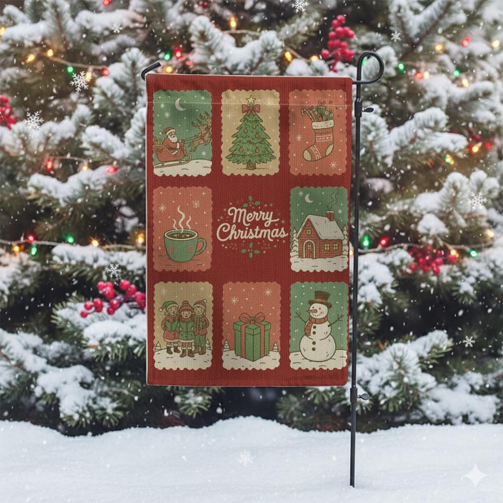 Merry Christmas Collage Garden Flag: Double-Sided Outdoor Banner