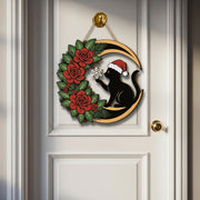 Christmas Cat Crescent Wooden Sign – Personalized Holiday Door Decor