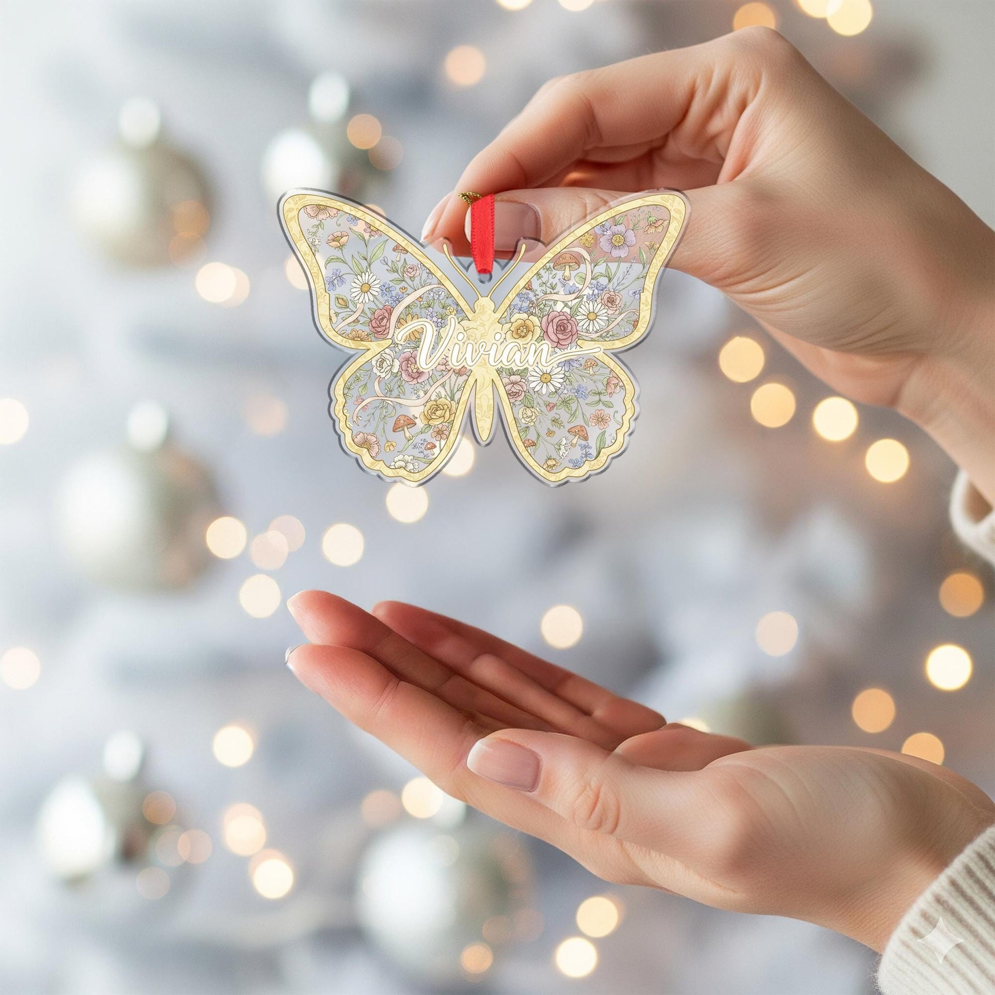 Personalized Butterfly Ornament – Acrylic Floral Decoration with Custom Name Design