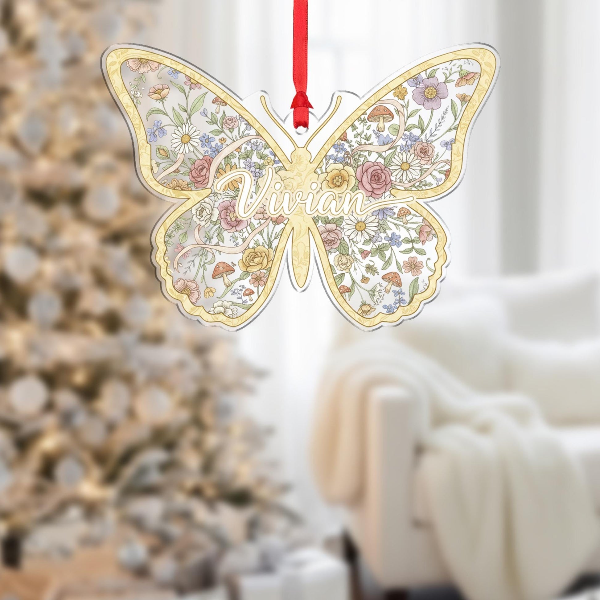 Personalized Butterfly Ornament – Acrylic Floral Decoration with Custom Name Design