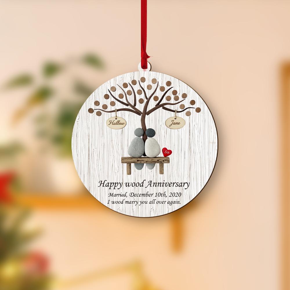 Wood Ornament: 5th Anniversary Tree Keepsake – Personalized Couple Design