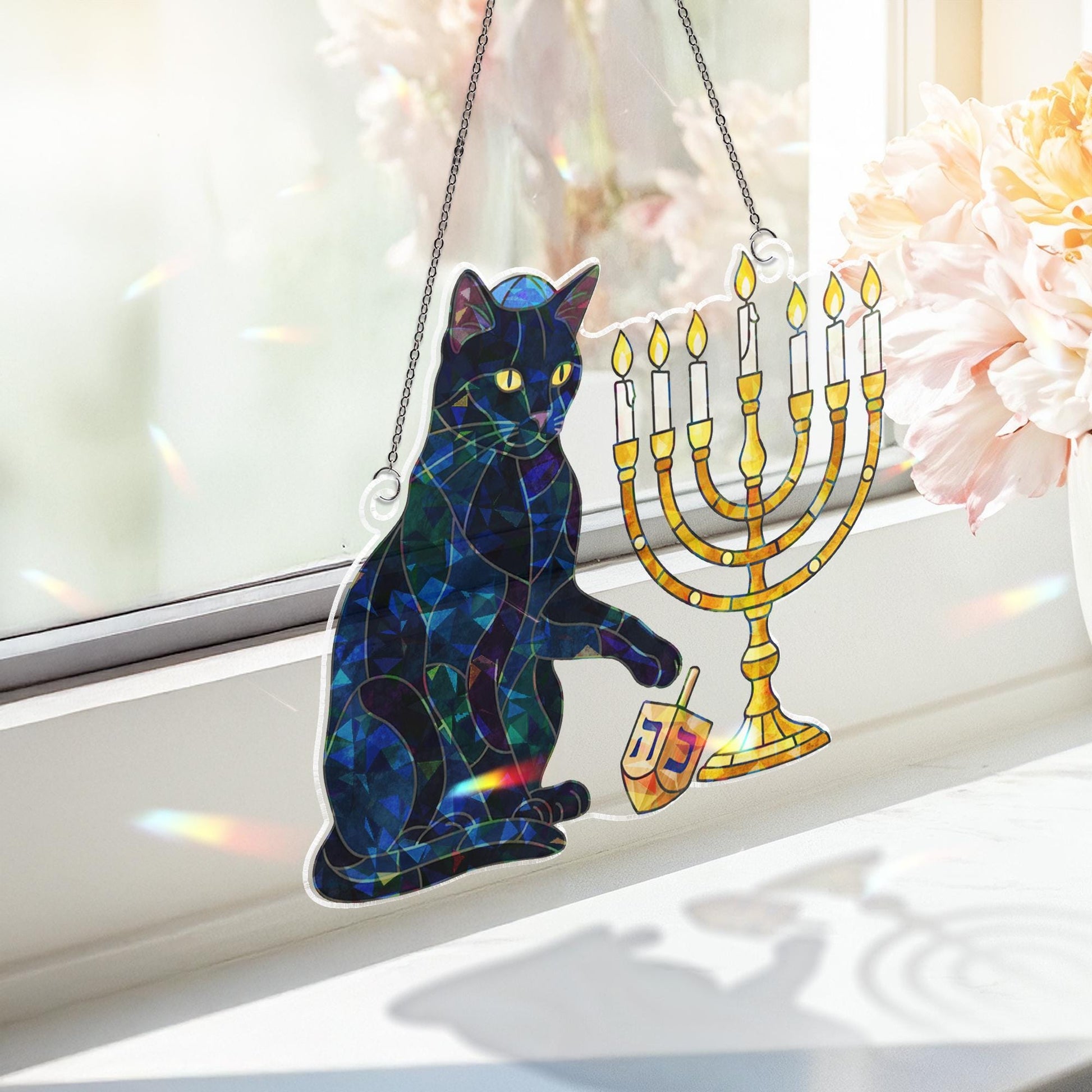 Hanukkah Cat Hologram Window Hanging – Menorah Suncatcher Decor